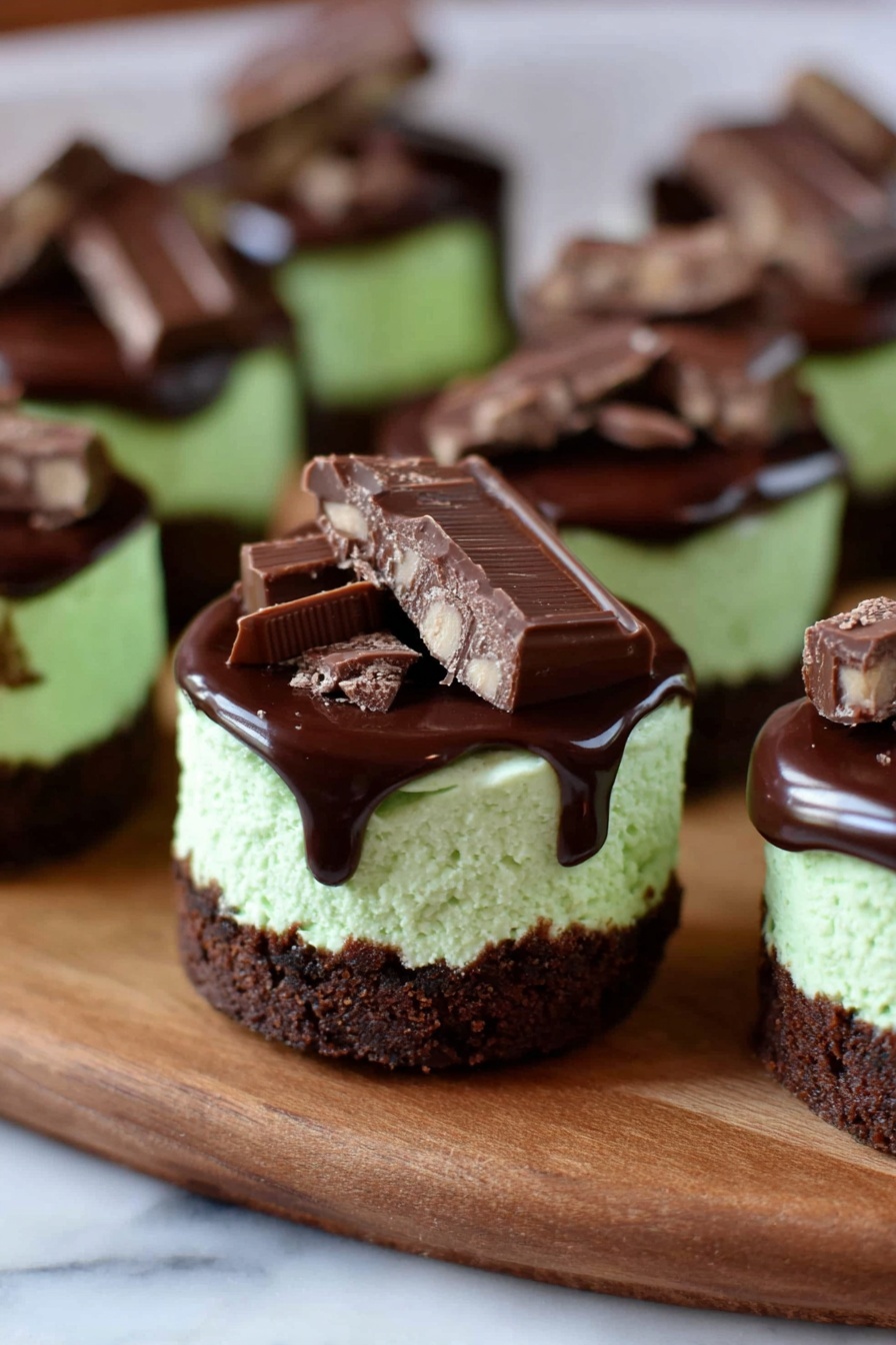 Andes Mint Mini Cheesecakes Recipe 8 This image shows several small round desserts with three layers on a wooden board placed on a white marbled surface. The bottom layer is dark brown and crumbly like a cookie crust. The middle layer is light green and creamy with a smooth texture. The top layer is shiny dark chocolate that slightly drips down the sides. Each dessert is topped with pieces of chocolate candy bars arranged in small piles. The photo taken with an iphone --ar 2:3 --v 7 - Andes Mint Mini Cheesecakes, mint chocolate cheesecake bites, mini cheesecakes with Andes mints, no-bake mint cheesecakes, holiday cheesecake desserts