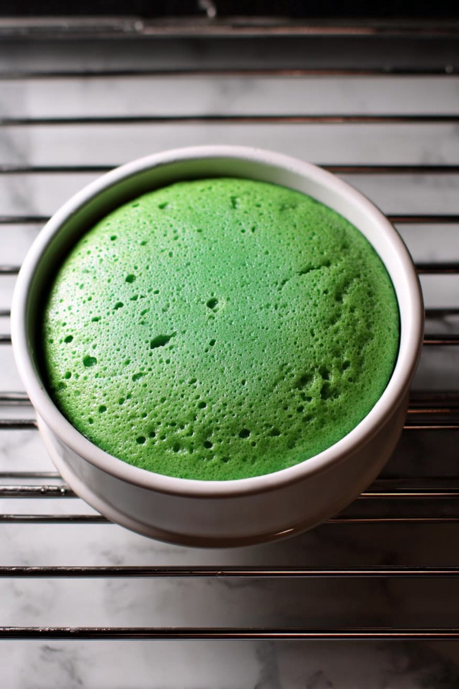 Green Velvet Cake with Cream Cheese Frosting Recipe 8 The image shows a group of green cupcakes, some placed inside a gray metal muffin baking tray with six cups, and others arranged in front of the tray on a dark countertop. The cupcakes have a smooth and slightly domed top with a rich green color, and some are in white cupcake liners. Behind the cupcakes, there are clear plastic containers stacked with lids, one containing green candy-coated treats, and several white bottles or spice jars with partially visible green labels. The surface beneath is a white marbled texture. photo taken with an iphone --ar 2:3 --v 7 - Green Velvet Cake with Cream Cheese Frosting, vibrant green cake recipe, easy green velvet cake, homemade green velvet cake, festive green layer cake