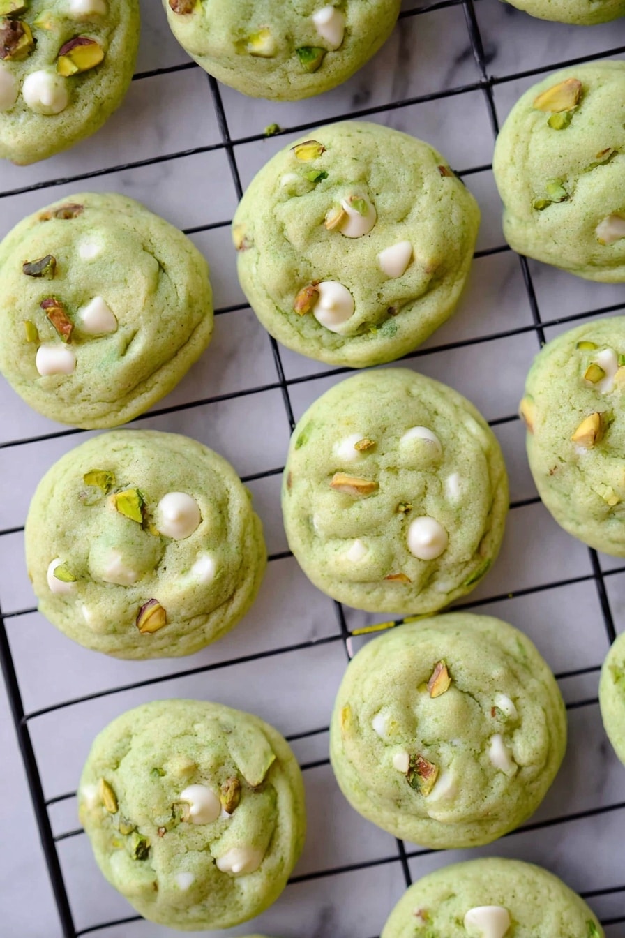 Pistachio Pudding Cookies Recipe 6 The image shows a top view of multiple light green cookies spread out evenly on a black wire rack. Each cookie has a soft, slightly uneven surface dotted with white chocolate chips and small green pistachio pieces that pop against the green dough. The wire rack sits on a white marbled surface, adding a clean and simple background that highlights the pastel green color of the cookies. The cookies are round and vary slightly in size and shape, with a soft texture suggesting a fresh bake. Photo taken with an iphone --ar 2:3 --v 7 - Pistachio Pudding Cookies, pistachio cookies with pudding mix, chewy pistachio cookies, white chocolate pistachio cookies, easy pistachio cookie recipe