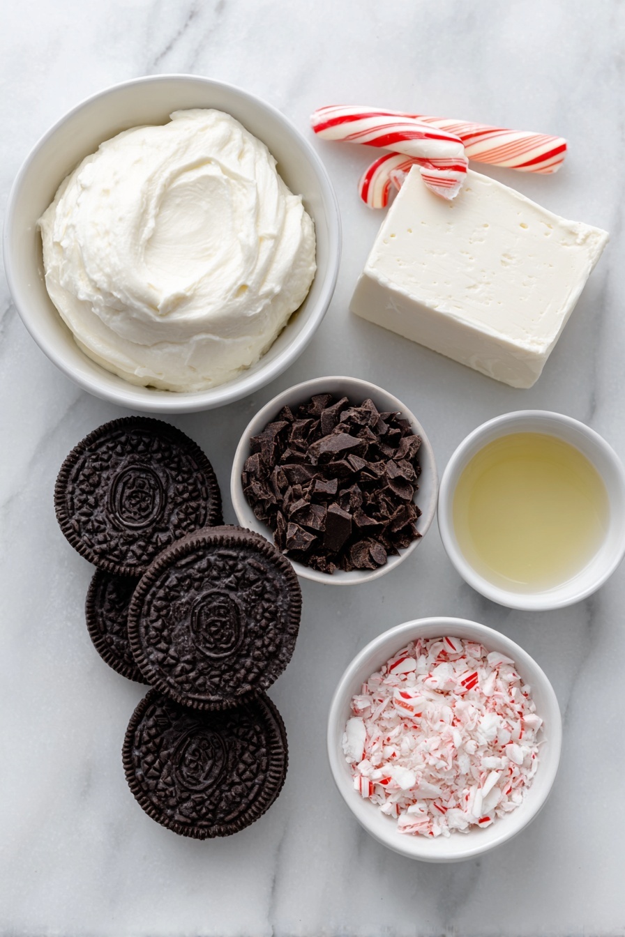 Peppermint Oreo Truffles Recipe 7 Flat lay of whole Oreo cookies with creamy white filling, a block of smooth cream cheese, a small white bowl of clear peppermint extract, finely chopped dark semisweet chocolate pieces, a small white bowl with clear coconut oil, two whole red and white striped candy canes, and a small white bowl filled with crushed candy cane pieces, all arranged symmetrically on a clean white ceramic surface placed on a clean white marble surface, soft natural light, photo taken with an iPhone, professional food photography style, fresh ingredients, white ceramic bowls, no bottles, no duplicates, no utensils, no packaging --ar 2:3 --v 7 --p m7354615311229779997 - Peppermint Oreo Truffles, peppermint Oreo dessert, peppermint candy Oreo bites, easy peppermint truffles, Christmas Oreo peppermint treats