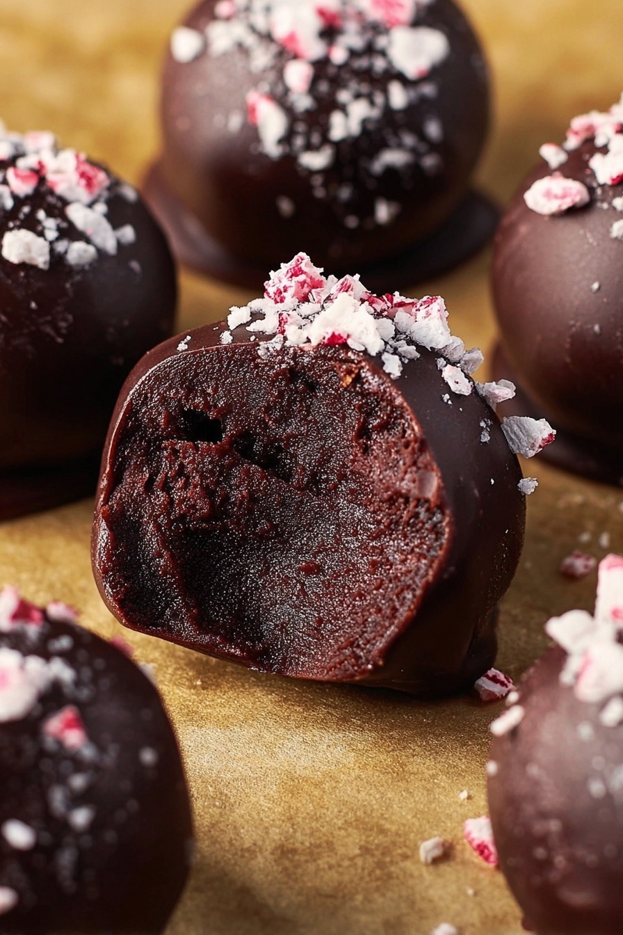 Peppermint Oreo Truffles Recipe 6 The image shows several round chocolate truffles with a smooth dark chocolate coating. Each truffle is topped with small white and pinkish crushed candy pieces. One truffle in the center is bitten to show a dense, dark, and moist chocolate inside, with a thick chocolate outer layer. The truffles rest on a soft golden surface with a slight shine. The texture of the chocolate coating looks rich and smooth, while the crushed candies create a rough contrast on top. photo taken with an iphone --ar 2:3 --v 7 - Peppermint Oreo Truffles, peppermint Oreo dessert, peppermint candy Oreo bites, easy peppermint truffles, Christmas Oreo peppermint treats