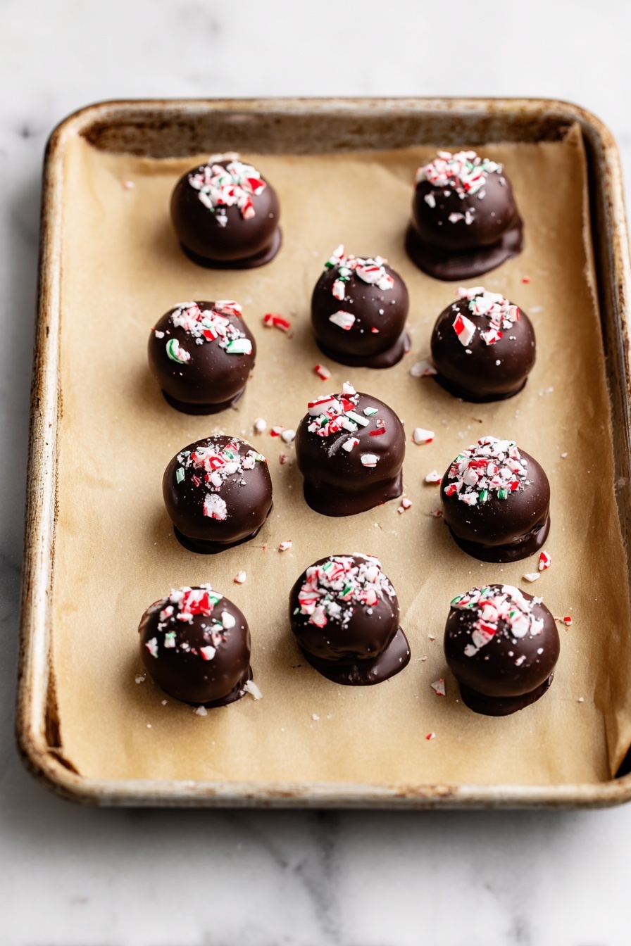 Peppermint Oreo Truffles Recipe 8 The image shows a baking tray lined with light brown parchment paper, holding 12 small, round chocolate balls. Each chocolate ball is smooth and dark brown with a shiny texture, topped with white and red crushed candy pieces. The tray is placed on a white marbled surface, and the chocolate balls are arranged in three uneven rows, with some pieces slightly melted and spreading a little onto the paper. The overall look is clean and inviting, with a clear focus on the contrast between the dark chocolate and the bright candy sprinkles. photo taken with an iphone --ar 2:3 --v 7 - Peppermint Oreo Truffles, peppermint Oreo dessert, peppermint candy Oreo bites, easy peppermint truffles, Christmas Oreo peppermint treats
