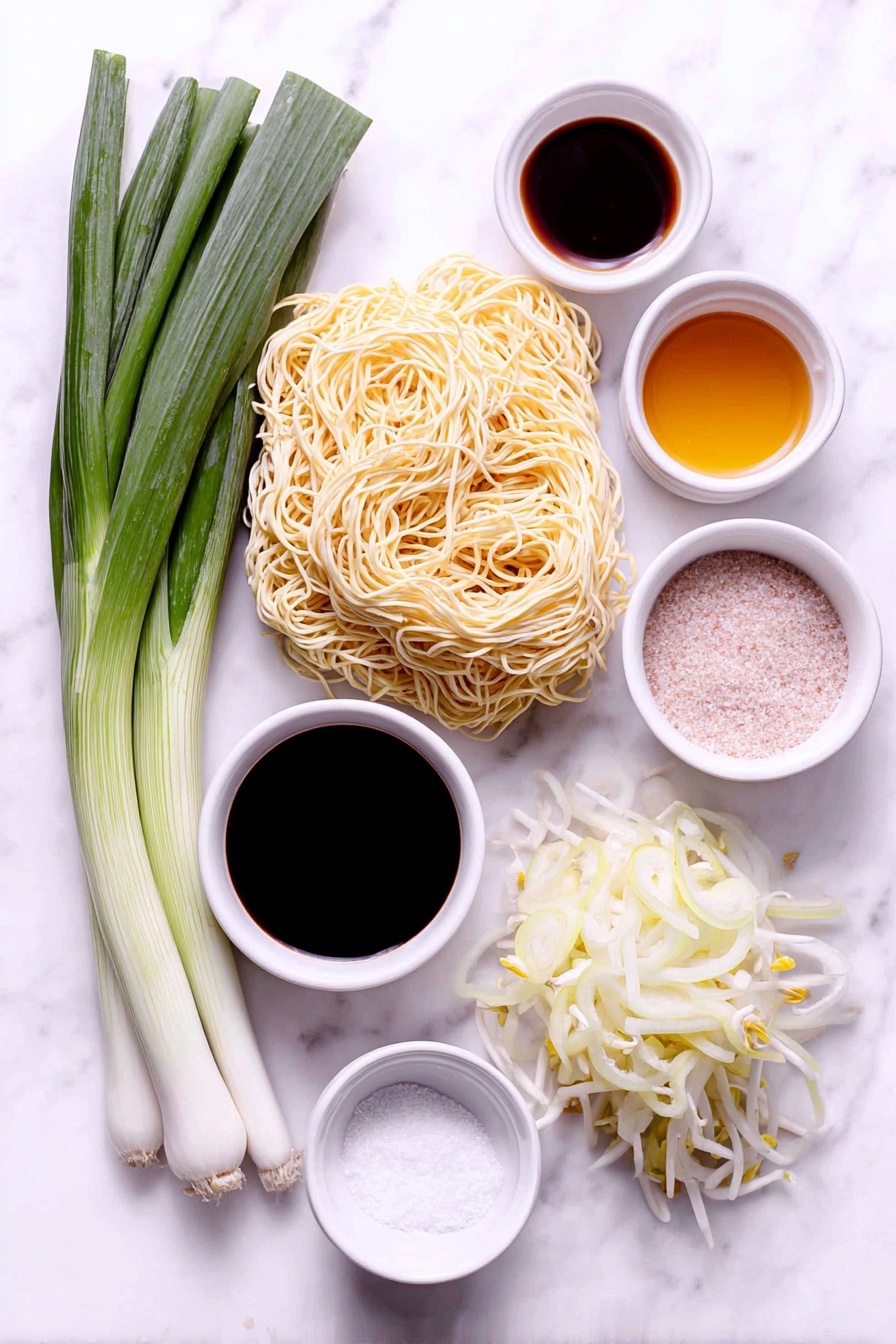 Quick Cantonese Chicken Chow Mein Recipe 7 Flat lay of fresh thin chow mein egg noodles arranged in loose nests, a small pile of thinly sliced yellow onion rings, five fresh green onion stalks cut into two-inch pieces showing both white and green parts, a small mound of crisp white bean sprouts, three small white ceramic bowls each containing clear golden corn oil, dark amber soy sauce, and thick dark oyster sauce, a tiny white bowl with light brown fish sauce, a small white bowl with granulated white sugar, and a small white bowl filled with water, all ingredients placed symmetrically on a clean white marble surface, soft natural light, photo taken with an iPhone, professional food photography style, fresh ingredients, white ceramic bowls, no bottles, no duplicates, no utensils, no packaging --ar 2:3 --v 7 --p m7354615311229779997 - Quick Cantonese Chicken Chow Mein, Easy Asian Chicken Noodle Stir-Fry, 15-Minute Chicken Chow Mein, Restaurant-Quality Chicken Chow Mein, Quick Weeknight Dinner Recipes