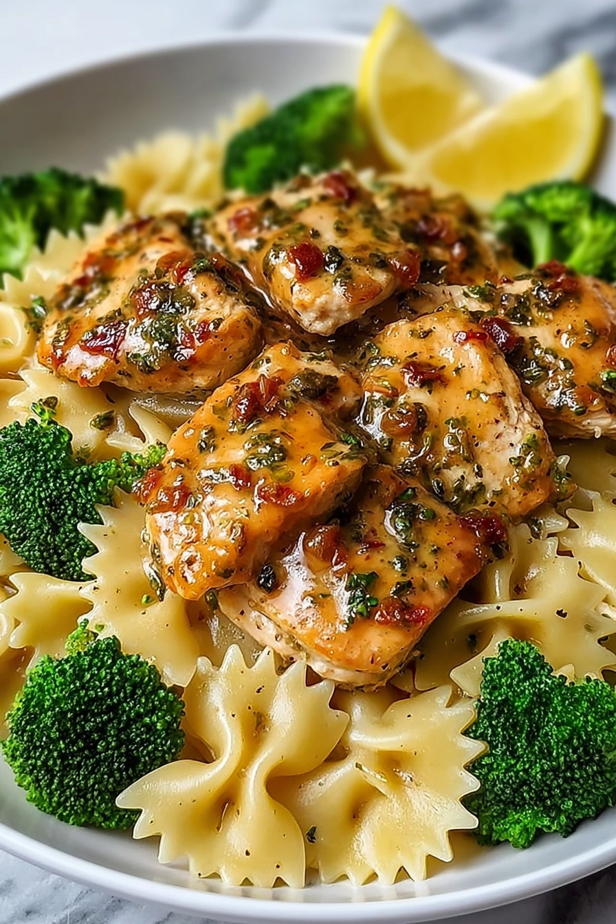 Lemon Chicken Pasta with Cowboy Butter Recipe 6 A white plate holds a dish with three main layers: at the base is a layer of light golden bowtie pasta with a smooth texture, scattered around bright green broccoli florets evenly spaced among the pasta; on top of this lies several pieces of golden brown cooked chicken with a slightly crispy texture, covered in a glossy light brown sauce with visible bits of herbs and small red pieces; at the upper back edge of the plate, a lemon wedge is placed for garnish. The background is a white marbled surface. Photo taken with an iphone --ar 2:3 --v 7 - Lemon Chicken Pasta Cowboy Butter, Lemon Chicken Pasta with Cowboy Butter, Lemon Chicken Pasta recipe, easy lemon chicken pasta, creamy cowboy butter pasta