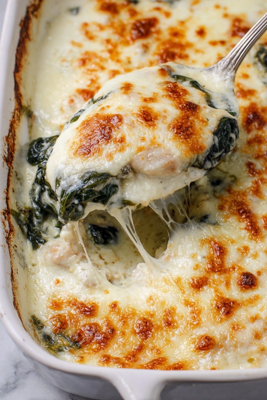 A white baking dish holds a baked creamy dish with three main layers visible: at the bottom, there is a layer of cooked spinach with deep green color and a slightly wilted texture. The middle layer consists of a thick, pale, creamy mixture with some chunks of light-colored meat. The top layer is a golden brown melted cheese with bubbly, browned spots scattered across it, giving an uneven texture. A silver spoon is scooping a portion, showing gooey melted cheese stretching slightly over the creamy layer beneath. The dish is resting on a white marbled surface. Photo taken with an iphone --ar 2:3 --v 7 - Creamy Spinach Chicken Casserole, healthy chicken casserole recipes, quick weeknight dinners, comforting chicken and spinach bake, easy creamy chicken dish