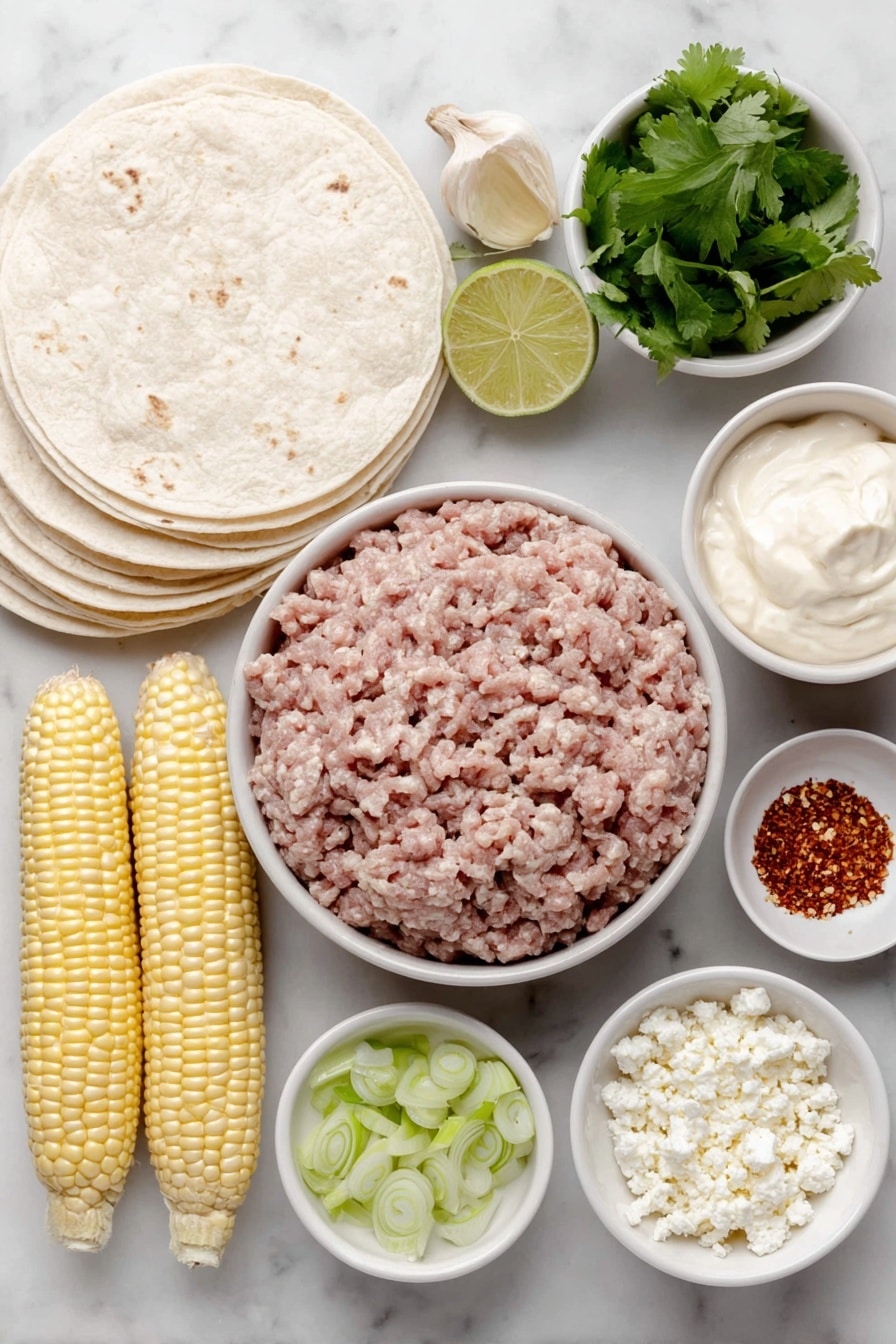 Street Corn Smash Burger Tacos Recipe 7 Flat lay of fresh ground hamburger beef in a small white ceramic bowl, six soft flour taco-sized tortillas stacked neatly, a small white bowl of whole fresh cilantro leaves with large stems removed, a small white bowl filled with bright green pickled jalapeno slices, another small white bowl containing a creamy mixture of mayonnaise and sour cream, a fresh whole garlic clove, a halved lime showing fresh juice and zest, a small white bowl of sliced fresh scallions, a small white bowl holding crumbled white cojita cheese, a fresh whole green jalapeno pepper diced alongside, a small white bowl with olive oil, a few ears of fresh yellow corn husked and kernels removed placed neatly, and a small white bowl with a fine sprinkling of chili powder and Tajin spice blend, all arranged with perfect symmetry and balanced proportions, placed on a clean white marble surface, soft natural light, photo taken with an iPhone, professional food photography style, fresh ingredients, white ceramic bowls, no bottles, no duplicates, no utensils, no packaging --ar 2:3 --v 7 --p m7354615311229779997 - Street Corn Smash Burger Tacos, street corn tacos, smash burger tacos, grilled corn street tacos, easy taco recipes