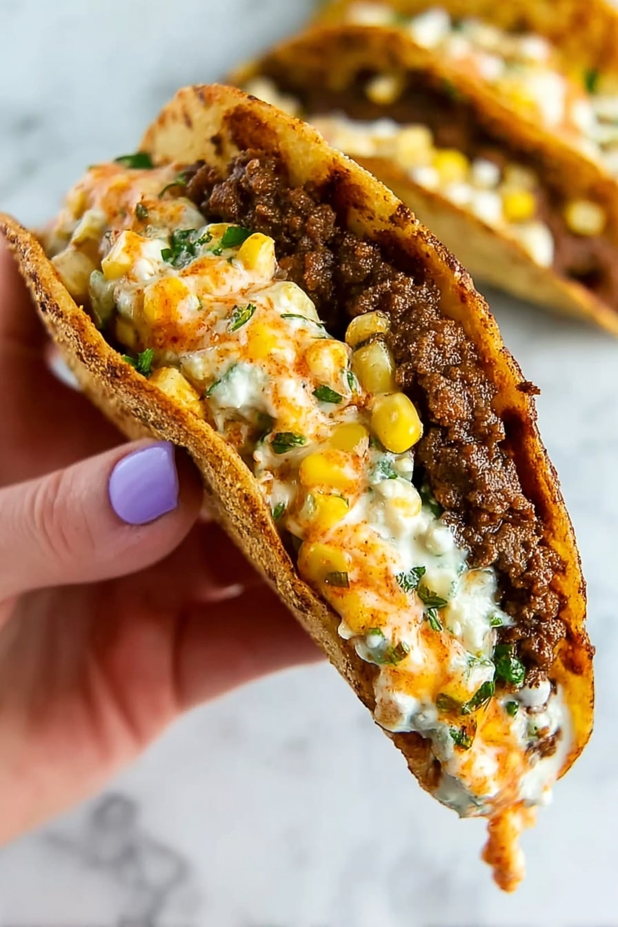 Street Corn Smash Burger Tacos Recipe 8 A close-up of a taco held by a woman's hand with purple nail polish, showing three visible layers inside a soft, slightly crispy taco shell. The first layer is a dark brown, cooked ground beef patty with a slightly charred texture. Above it is a creamy white sauce mixed with small yellow corn kernels and tiny green herbs, creating a speckled look. The top layer is an orange sauce mixed with chunks of white cheese and green herbs, slightly dripping out of the taco. Another taco is blurred in the background on a white marbled surface. photo taken with an iphone --ar 2:3 --v 7 - Street Corn Smash Burger Tacos, street corn tacos, smash burger tacos, grilled corn street tacos, easy taco recipes