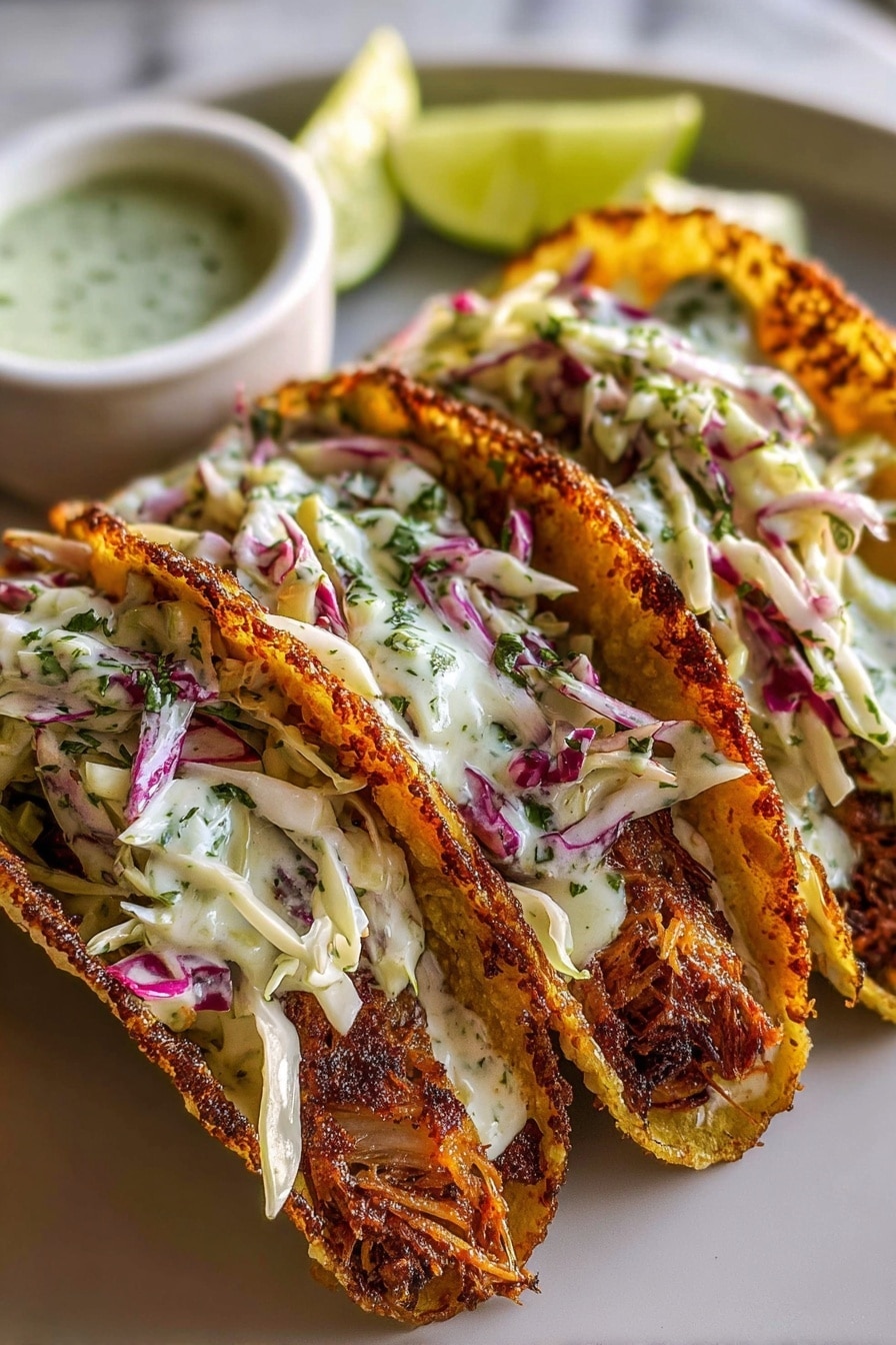 Dill Pickle Ranch Chicken Tacos Recipe 6 Three tacos are placed closely side by side on a white rectangular plate over a white marbled surface. Each taco has a crispy golden-brown shell with a lacy, crunchy texture on its edges. Inside the shell, there is a thick piece of grilled meat at the bottom, showing a dark brown, slightly charred texture. Above the meat, there is a layer of thin, light green shredded cabbage mixed with some creamy white sauce that has bits of green herbs. On top of everything, small clumps of white cheese with green specks are scattered. In the background, a small white cup with a yellow liquid is partially visible. Photo taken with an iphone --ar 2:3 --v 7 - Dill Pickle Ranch Chicken Tacos, easy taco recipes, quick chicken tacos, tangy chicken tacos, flavorful taco dinner ideas