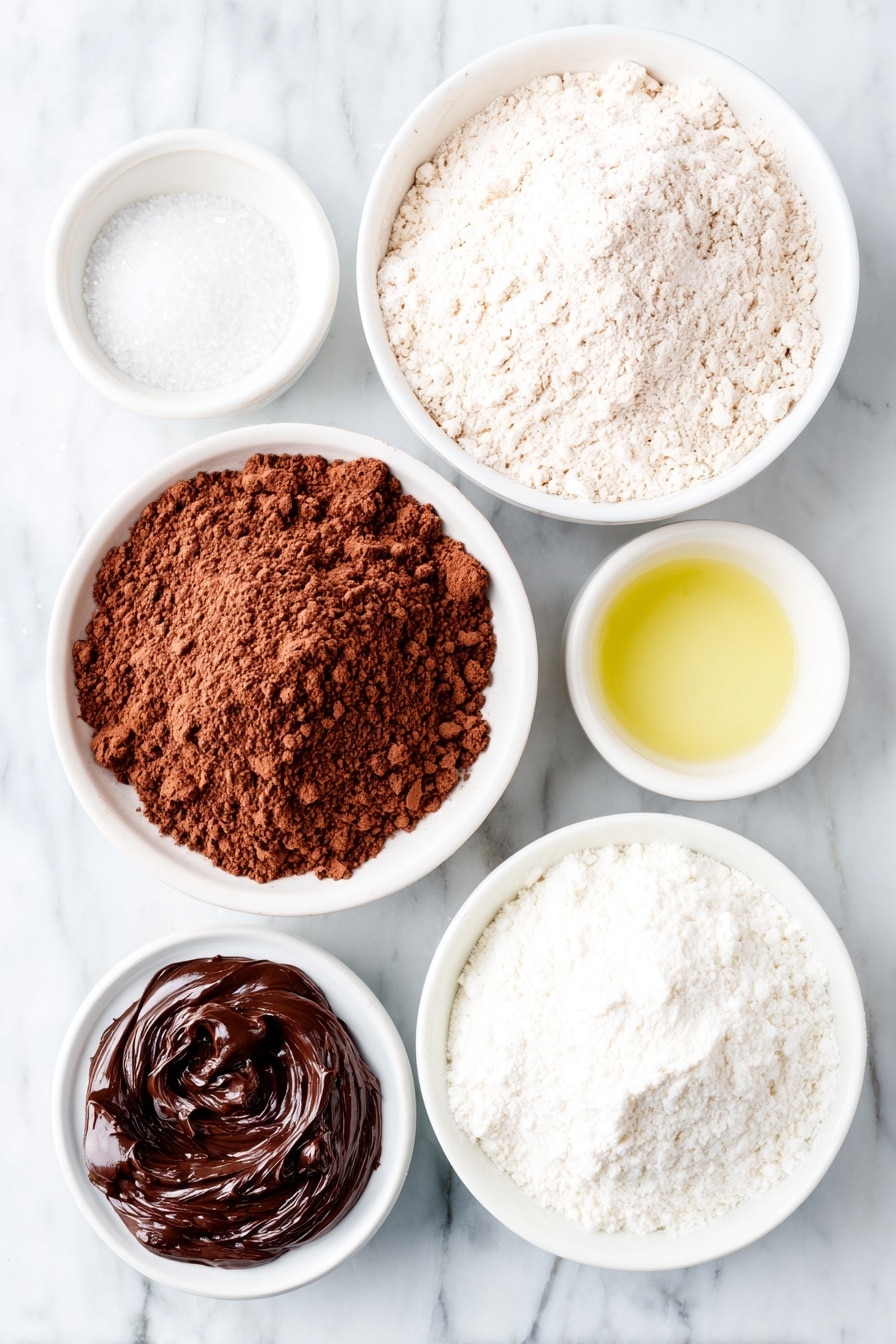 Chocolate Mug Cake with Hazelnut Spread Recipe 7 Flat lay of a small mound of all-purpose flour, a small white ceramic bowl filled with unsweetened cocoa powder, a tiny pinch of kosher salt on the surface, a small white ceramic bowl with granulated sugar, a small white ceramic bowl containing milk, a small white ceramic bowl with golden vegetable oil, and a small dollop of hazelnut chocolate spread on a plain white ceramic dish, all perfectly arranged in balanced symmetry, placed on a clean white marble surface, soft natural light, photo taken with an iPhone, professional food photography style, fresh ingredients, white ceramic bowls, no bottles, no duplicates, no utensils, no packaging --ar 2:3 --v 7 --p m7354615311229779997 - Chocolate Mug Cake with Hazelnut Spread, quick chocolate mug cake, easy mug cake dessert, microwave hazelnut mug cake, indulgent chocolate dessert