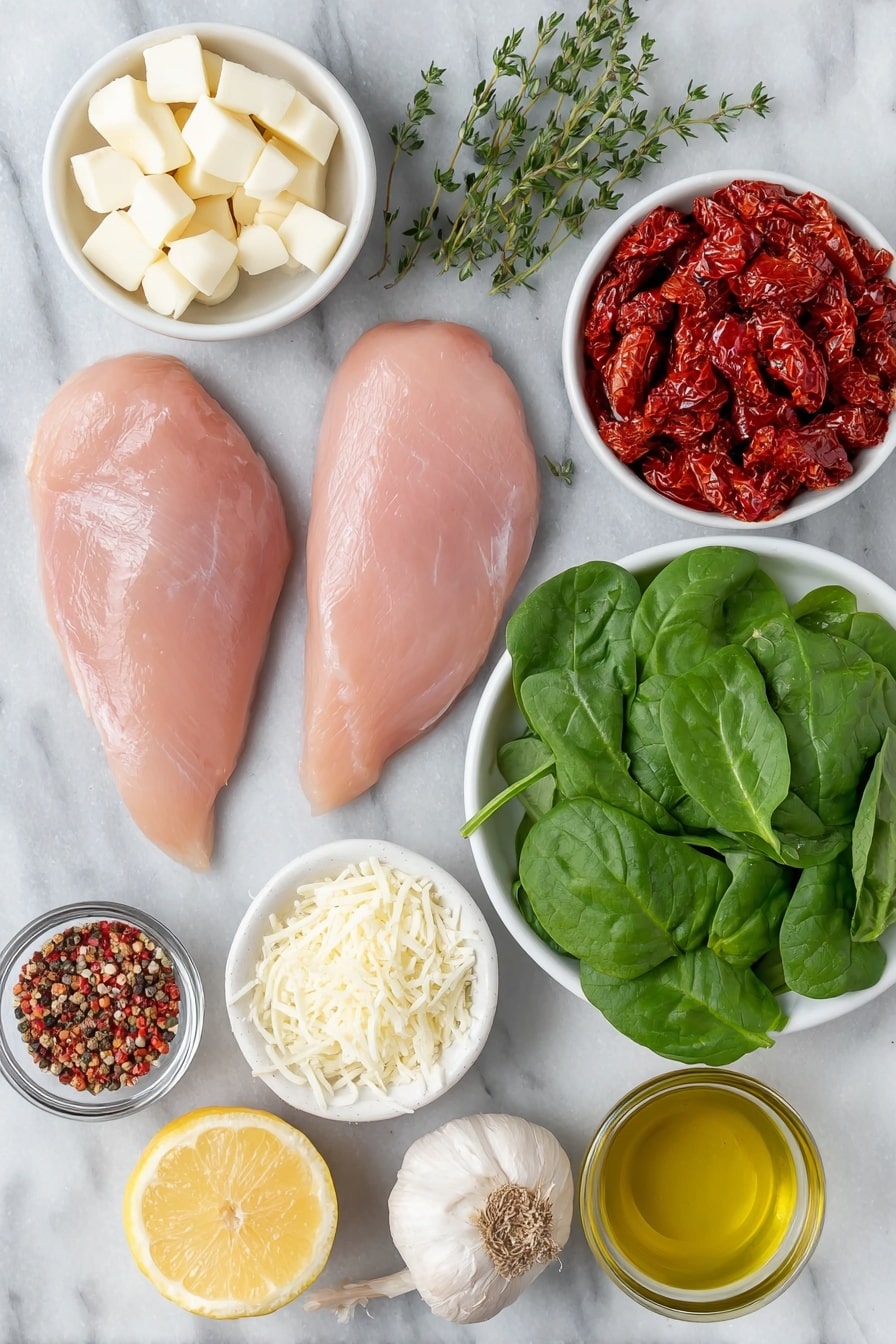 Creamy Chicken Orzo Pasta Recipe 7 Flat lay of two raw chicken breasts, a small handful of fresh spinach leaves, a small mound of uncooked orzo pasta, a small pile of bright red sun-dried tomatoes, a few whole garlic cloves with skins, a small white bowl with golden olive oil, a small white bowl with creamy unsalted butter cubes, a small white bowl with white wine, a small white bowl filled with heavy cream, fresh thyme sprigs, fresh basil leaves both whole and sliced, a small white bowl of freshly shredded parmesan cheese, a shallot bulb, a lemon half sliced, small white bowls containing red pepper flakes, salt, and whole black peppercorns, all arranged in perfect symmetry on a clean white ceramic surface placed on a clean white marble surface, soft natural light, photo taken with an iPhone, professional food photography style, fresh ingredients, white ceramic bowls, no bottles, no duplicates, no utensils, no packaging --ar 2:3 --v 7 --p m7354615311229779997 - Creamy Chicken Orzo Pasta, Chicken Orzo Pasta, Easy Chicken Pasta, Creamy Pasta Recipes, One-Pan Chicken Pasta