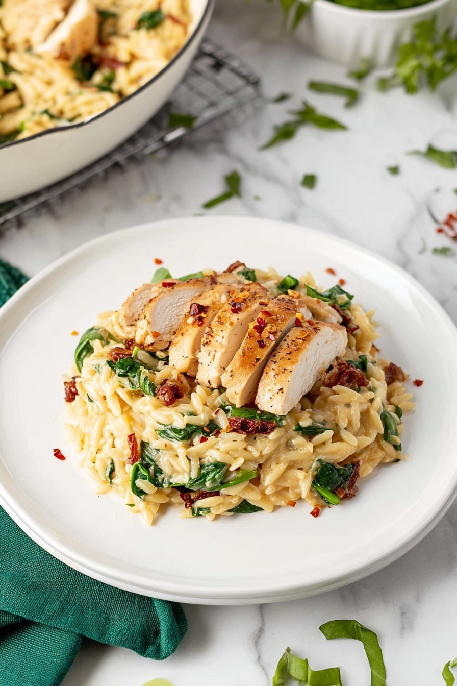 A white plate with one layer of creamy orzo pasta mixed with green spinach pieces and bits of sun-dried tomatoes. On top of the orzo, there is a layer of sliced cooked chicken with a light golden brown color and small red chili flakes sprinkled over. The plate is placed on a white marbled surface with a green cloth napkin beside it. Some chopped green leaves are scattered around the plate, adding freshness. In the background, part of a white pan with more orzo and chicken is visible. Photo taken with an iphone --ar 2:3 --v 7 - Creamy Chicken Orzo Pasta, Chicken Orzo Pasta, Easy Chicken Pasta, Creamy Pasta Recipes, One-Pan Chicken Pasta
