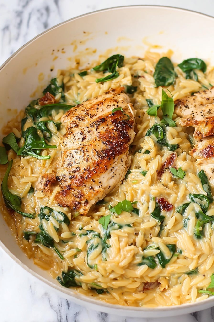 Creamy Chicken Orzo Pasta Recipe 8 The image shows a white pan filled with creamy orzo pasta mixed with bright green spinach and bits of sun-dried tomatoes. On top of the orzo, there are two pieces of lightly browned chicken, seasoned with black pepper. The orzo has a smooth, rich texture with a yellowish cream color, and the spinach leaves add fresh green color on top and around the chicken. The background is a white marbled surface. Photo taken with an iphone --ar 2:3 --v 7 - Creamy Chicken Orzo Pasta, Chicken Orzo Pasta, Easy Chicken Pasta, Creamy Pasta Recipes, One-Pan Chicken Pasta