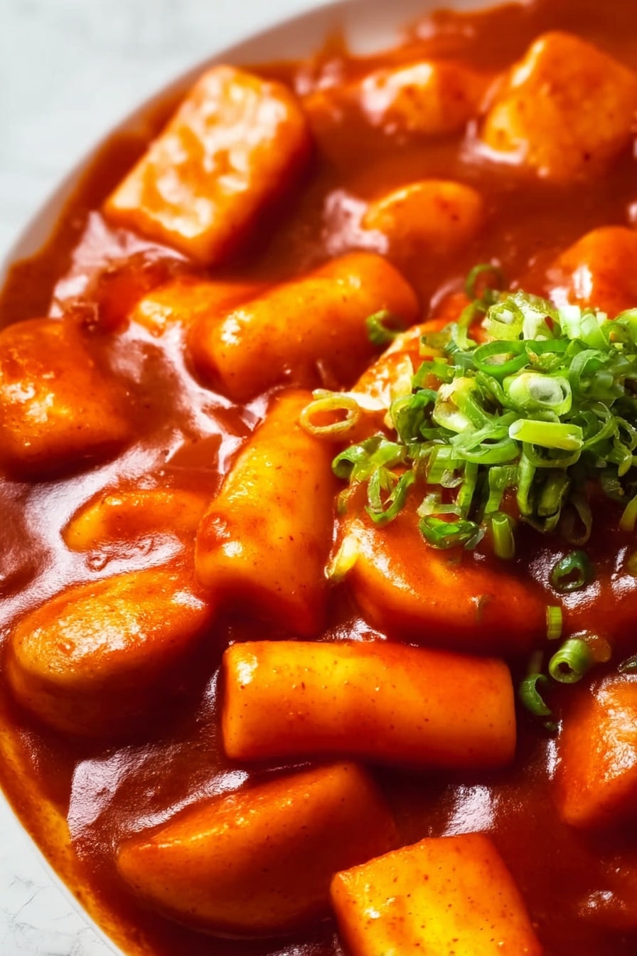 Spicy Korean Tteokbokki Recipe 6 This close-up image shows a dish with thick, soft rice cakes coated in a shiny, thick red sauce. There are square, light brown rice cake slices mixed in with the cylindrical rice cakes. A small pile of finely chopped green onions sits on top, adding a fresh pop of green color. The whole dish looks rich and saucy with a smooth texture, and it is placed on a white marbled surface. Photo taken with an iphone --ar 2:3 --v 7 - Spicy Korean Tteokbokki, Korean Tteokbokki recipe, spicy rice cakes Korea, Korean street food, easy Tteokbokki recipe