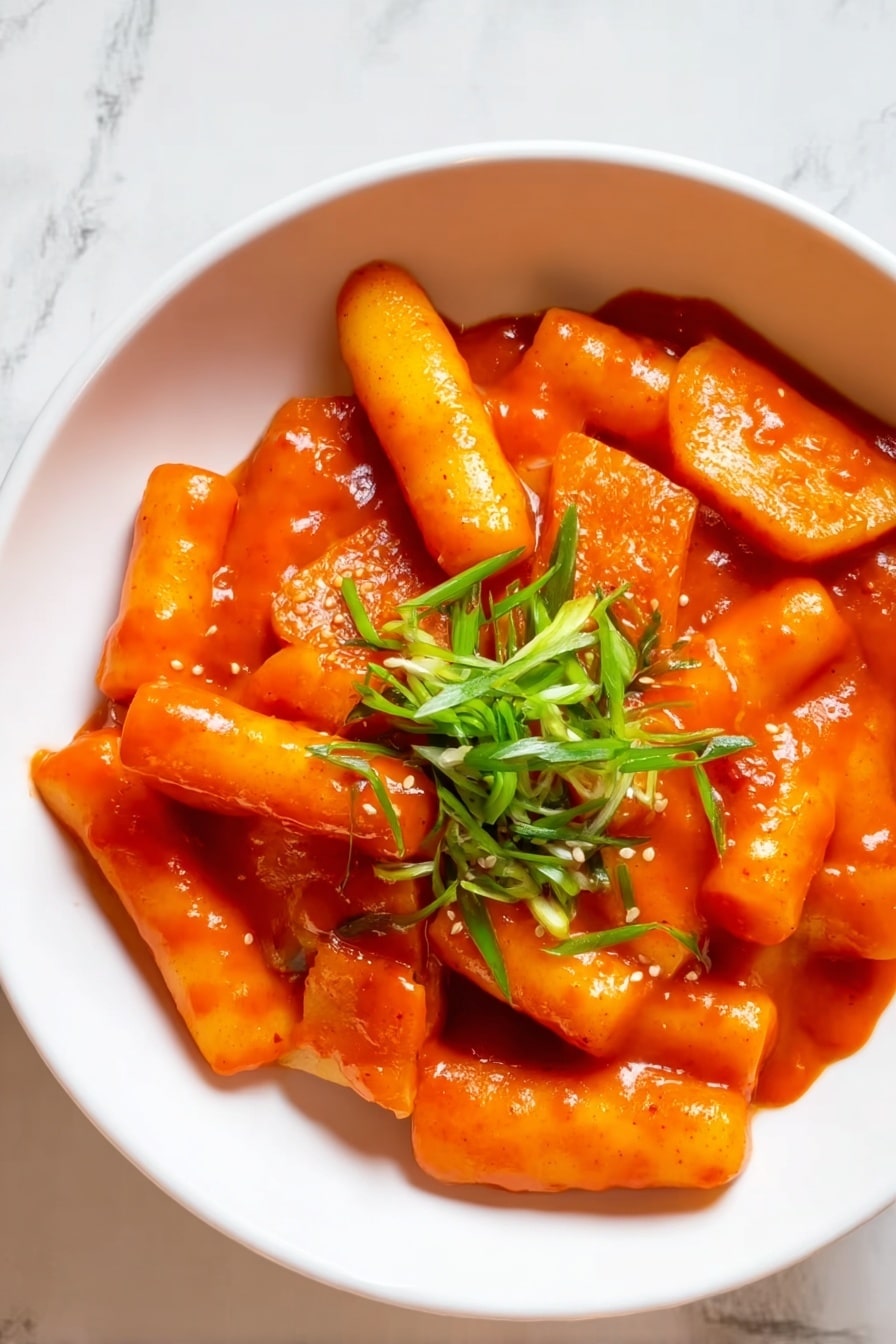 Spicy Korean Tteokbokki Recipe 8 A white bowl filled with thick, cylindrical rice cakes covered in a bright orange-red sauce. Mixed in are flat, square fish cakes sharing the same sauce, giving a shiny and smooth texture all over. The dish is topped with small, fresh green onion pieces, adding a pop of color in the center. The background is a white marbled surface. photo taken with an iphone --ar 2:3 --v 7 - Spicy Korean Tteokbokki, Korean Tteokbokki recipe, spicy rice cakes Korea, Korean street food, easy Tteokbokki recipe