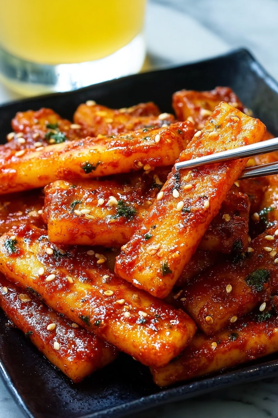 The image shows a close-up of a black square plate filled with about fifteen bright orange, shiny rice cake sticks. Each stick is coated with a thick, glossy red sauce speckled with small green herb bits and white sesame seeds, adding texture. The rice cakes look soft but slightly crispy on the edges, stacked irregularly so some are laying on top of others. A pair of silver metal chopsticks is holding one rice cake above the plate. In the background, there is a blurred glass with a yellow drink. The surface under the plate is a white marbled texture photo taken with an iphone --ar 2:3 --v 7 - Crispy Pan Fried Ddeokbokki, Korean street food recipe, spicy rice cake dish, easy Korean snack, crispy ddeokbokki instructions