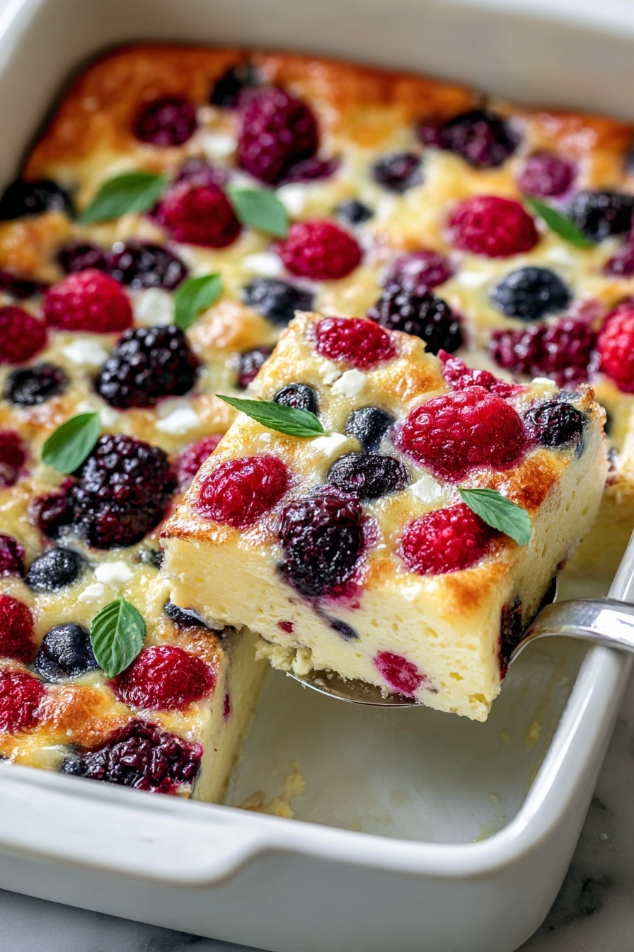 The image shows a square baked dessert in a white baking dish with a golden top layer that looks soft and creamy. Inside, there are many red raspberries, dark blackberries, and blue blueberries spread evenly throughout the thick, pale yellow base. The dessert is cut into pieces, with one piece lifted on a silver spatula, showing the moist texture filled with colorful berries and small white chunks that look like cheese or cream. Bright green leaves are placed on top for decoration. The whole dish sits on a white marbled surface. photo taken with an iphone --ar 2:3 --v 7 - High Protein Berry Bake, healthy berry breakfast, high protein breakfast ideas, berry cottage cheese bake, nutritious berry treat