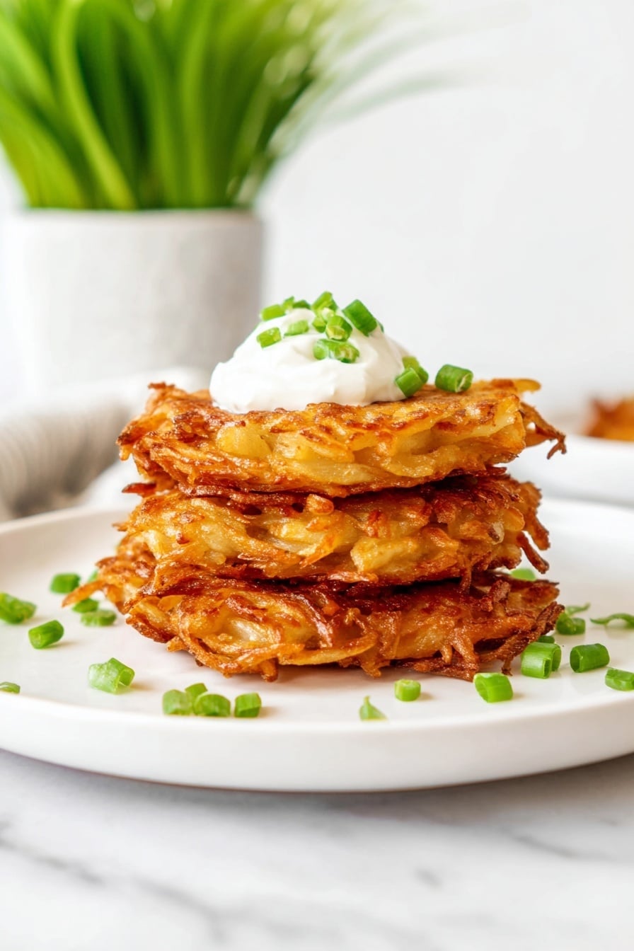 A stack of three golden-brown patties sits in the center of a white plate on a white marbled surface. Each patty has a crispy texture and uneven edges, showing strands of shredded ingredients cooked together. On top of the stack, there is a dollop of white creamy sauce, garnished with small bright green pieces of chopped herbs or scallions. Some chopped green pieces are also scattered around the base of the plate. In the soft-focus background, a green potted plant adds a fresh touch to the scene. Photo taken with an iphone --ar 2:3 --v 7 - Crispy Sweet Potato Hash Browns, sweet potato hash browns, crispy breakfast hash, easy sweet potato breakfast recipes, healthy hash brown recipes
