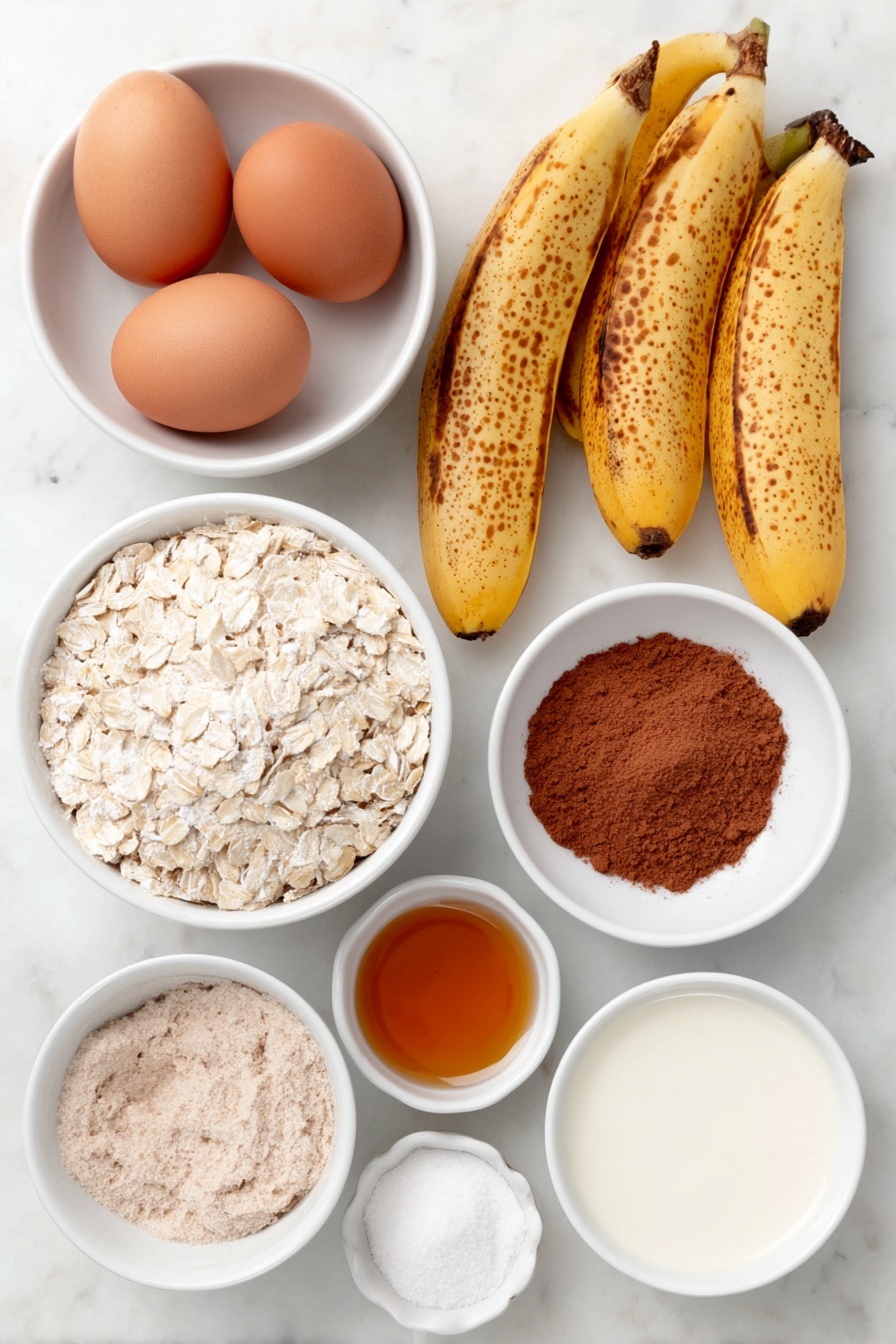 Banana Spinach Blender Pancakes Recipe 7 Flat lay of two brown eggs with clean shells, a small white ceramic bowl of rolled oats, a few fresh baby spinach leaves, a small bunch of ripe yellow bananas with some brown speckles, a small white ceramic bowl of golden maple syrup, a small white ceramic bowl of light amber melted coconut oil, a small white ceramic bowl of pale almond milk, a small white ceramic bowl of fine ground cinnamon powder, a small white ceramic bowl of aluminum-free baking powder, and a small white ceramic bowl of fine salt, all arranged in perfect symmetry on a clean white marble surface, soft natural light, photo taken with an iPhone, professional food photography style, fresh ingredients, white ceramic bowls, no bottles, no duplicates, no utensils, no packaging --ar 2:3 --v 7 --p m7354615311229779997 - Banana Spinach Blender Pancakes, healthy green pancake recipe, quick nutritious breakfast, easy spinach banana pancakes, fluffy green pancake recipe