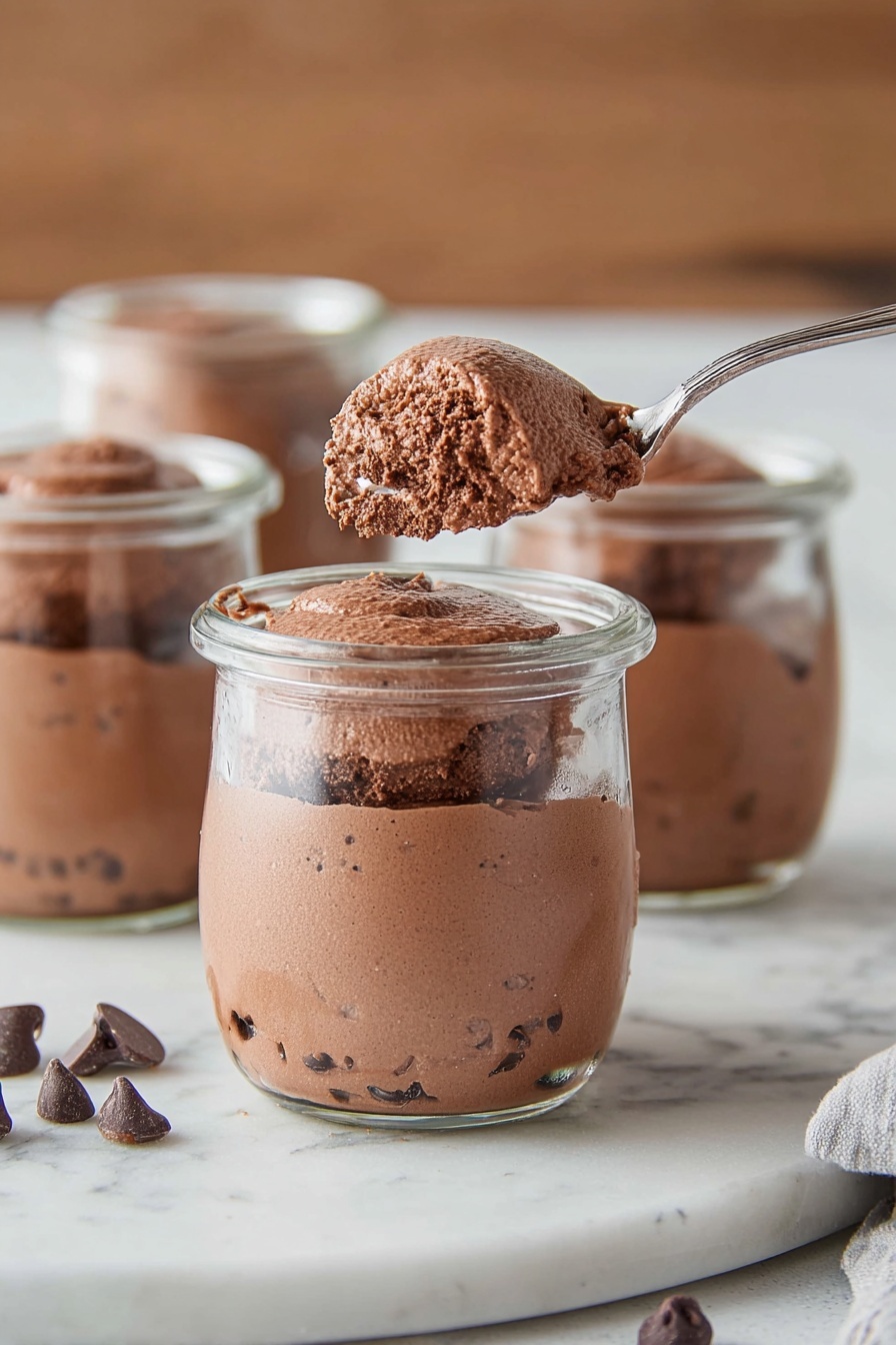 Cottage Cheese Chocolate Mousse Recipe 8 Four clear glass jars are filled with chocolate mousse. Each jar shows two layers of smooth, light brown mousse with small bits of darker chocolate blended in. The top layer in the front jar is being lifted by a silver spoon, showing its fluffy, airy texture. There are a few dark chocolate chips scattered on and around the jars on a white marbled surface. The background is simple and wooden. photo taken with an iphone --ar 2:3 --v 7 - Cottage Cheese Chocolate Mousse, healthy chocolate mousse, quick dessert recipes, protein-rich chocolate mousse, easy healthy desserts