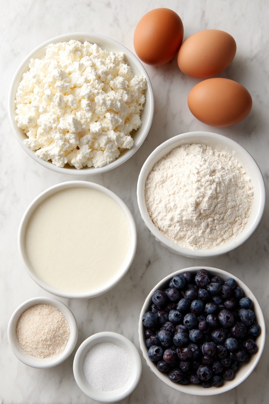 Blueberry Cottage Cheese Pancakes Recipe 7 Flat lay of a small mound of fresh white cottage cheese with delicate curds, two large brown eggs with smooth uncracked shells, a small white ceramic bowl filled with creamy milk, a small white bowl holding clear golden melted butter, another small white bowl containing fine all-purpose flour, a small white dish of fine white baking powder, a tiny white bowl with pale beige baking soda, a small white bowl of granulated white sugar, a pinch of fine sea salt resting on the white surface, and a handful of plump fresh blueberries with a deep blue hue arranged loosely — all ingredients symmetrically placed on a clean white marble surface, soft natural light, photo taken with an iPhone, professional food photography style, fresh ingredients, white ceramic bowls, no bottles, no duplicates, no utensils, no packaging --ar 2:3 --v 7 --p m7354615311229779997 - Blueberry Cottage Cheese Pancakes, healthy blueberry pancakes, fluffy cottage cheese pancakes, easy blueberry pancake recipe, breakfast with blueberries