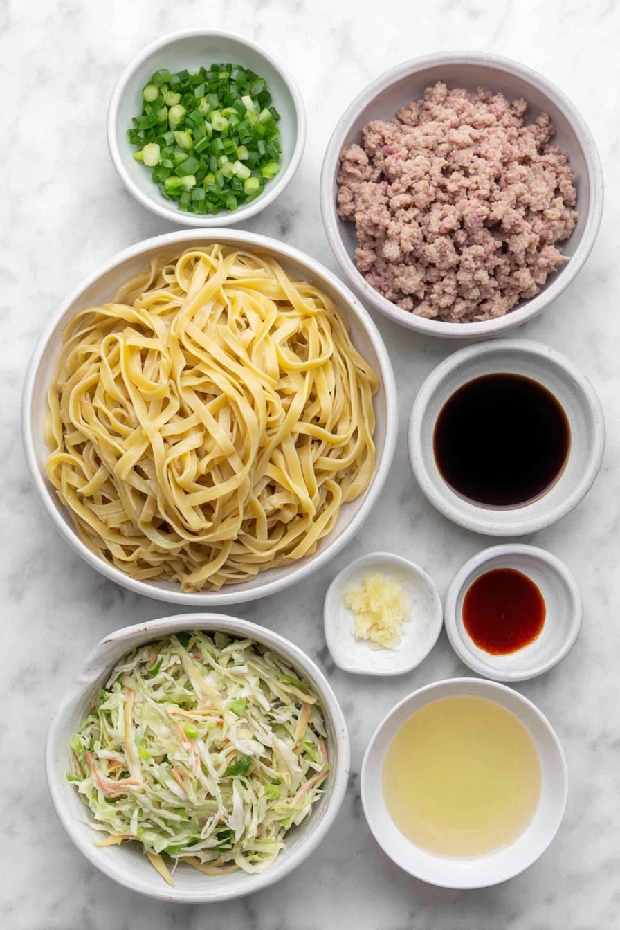 Potsticker Noodle Bowl with Pork and Green Onions Recipe 7 Flat lay of cooked wide lo mein noodles, a small white bowl of peanut oil, a mound of fresh ground pork, a small white bowl filled with sliced green onions, a small white bowl of low-sodium chicken broth, a small white bowl of mirin, a small white bowl of dark soy sauce, a small white bowl with minced garlic, a small white bowl containing freshly grated ginger, a small white bowl of sesame oil, a small white bowl with sriracha, and a fresh heap of coleslaw mix arranged symmetrically on simple white ceramic dishes, placed on a clean white marble surface, soft natural light, photo taken with an iPhone, professional food photography style, fresh ingredients, white ceramic bowls, no bottles, no duplicates, no utensils, no packaging --ar 2:3 --v 7 --p m7354615311229779997 - Potsticker Noodle Bowl with Pork and Green Onions, Asian noodle bowl with pork and green onions, quick potsticker noodle dinner, savory pork noodle bowl, easy Asian-inspired recipes