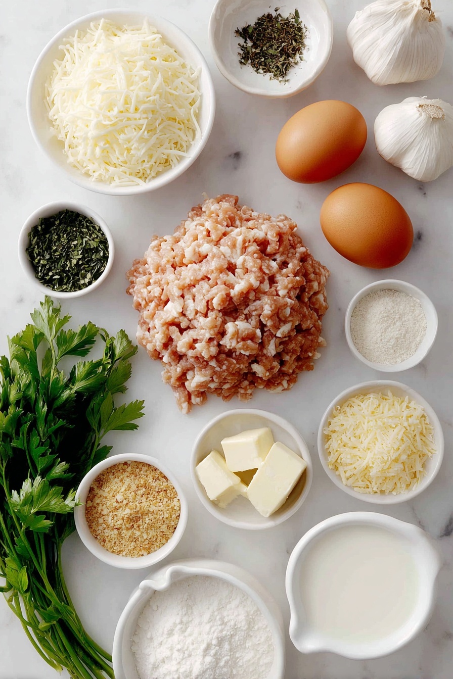 Garlic Parmesan Chicken Meatloaf Recipe 7 Flat lay of fresh ground chicken formed into a mound, a small pile of shredded Parmesan cheese, a neat heap of golden panko breadcrumbs, two whole uncracked brown eggs, four peeled garlic cloves, a small white bowl of whole milk, a small white bowl with unsalted butter cubes, a small white bowl of dried basil leaves, a small white bowl of dried parsley flakes, a small white bowl holding garlic powder, a small white bowl with onion powder, a small white bowl of coarse salt, a small white bowl of black peppercorns, and a small bunch of fresh parsley sprigs placed on a clean white marble surface, soft natural light, photo taken with an iPhone, professional food photography style, fresh ingredients, white ceramic bowls, no bottles, no duplicates, no utensils, no packaging --ar 2:3 --v 7 --p m7354615311229779997 - Garlic Parmesan Chicken Meatloaf, Juicy meatloaf with garlic and Parmesan, Easy chicken meatloaf recipe, family-friendly meatloaf dinner, flavorful chicken meatloaf