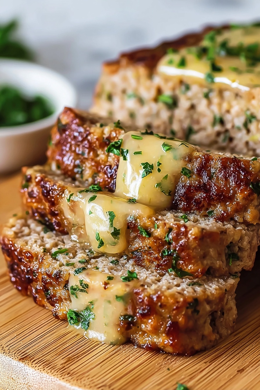 Garlic Parmesan Chicken Meatloaf Recipe 6 The image shows a close-up of a thick, juicy meat patty with three visible layers. The patty has a browned, crispy outer layer with a rich golden-brown color. Inside, the meat is light brown with small green herb pieces evenly mixed throughout. The top surface of the patty is drizzled with a light yellow sauce that looks smooth and glossy, sprinkled with fresh chopped green herbs. The patty rests on a light wooden surface against a white marbled background. Photo taken with an iphone --ar 2:3 --v 7 - Garlic Parmesan Chicken Meatloaf, Juicy meatloaf with garlic and Parmesan, Easy chicken meatloaf recipe, family-friendly meatloaf dinner, flavorful chicken meatloaf