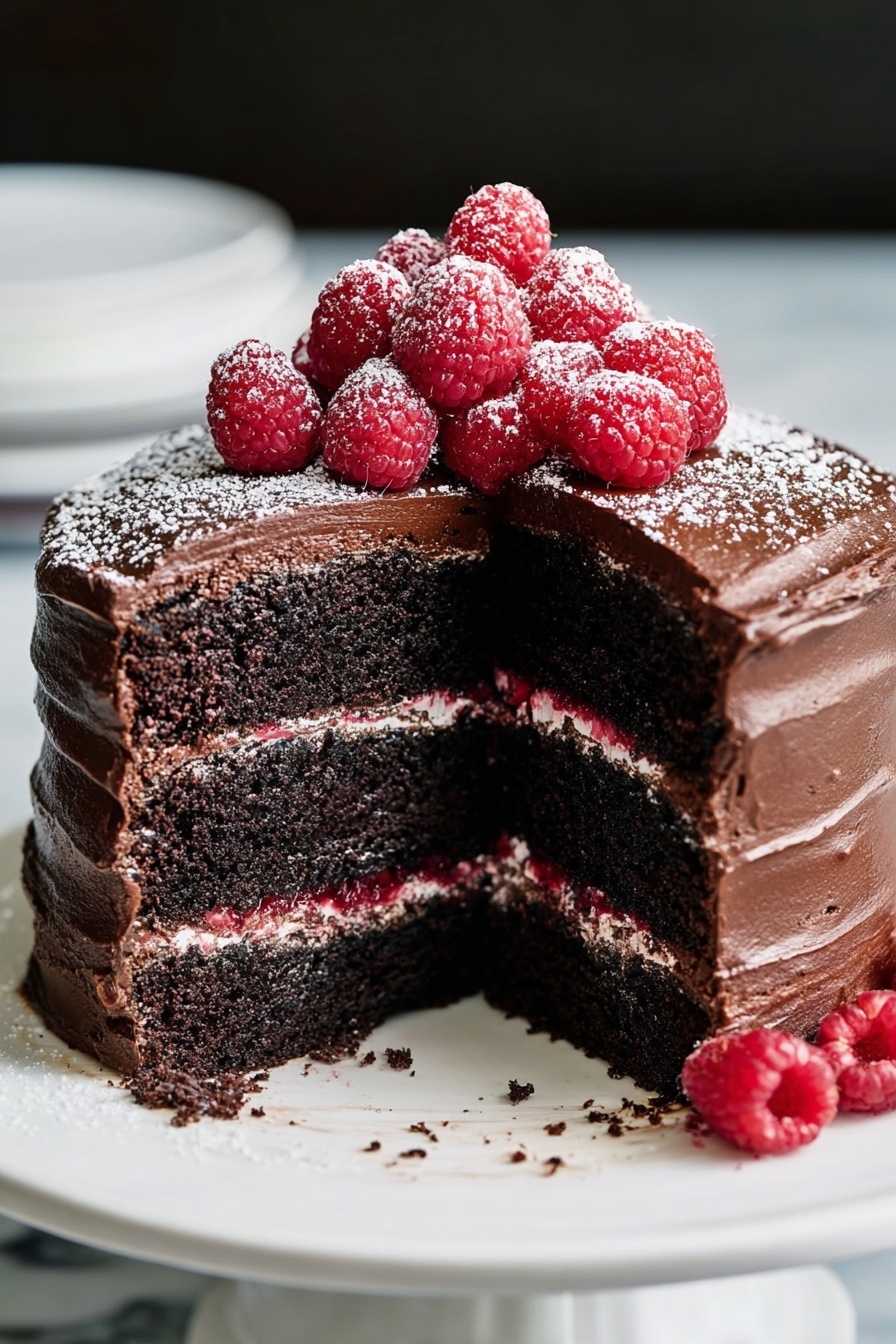 Decadent Chocolate Raspberry Layer Cake Recipe 8 A three-layer chocolate cake sits on a white plate with a white marbled textured surface below. Each layer of the cake is dark chocolate sponge with a visible middle layer of red raspberry filling between them. The whole cake is coated with a smooth layer of chocolate frosting. On top, there is a pile of fresh red raspberries placed in the center, with some powdered sugar sprinkled lightly over the frosting. The side has a clean vertical cut showing the layers clearly. Photo taken with an iphone --ar 2:3 --v 7 - Decadent Chocolate Raspberry Layer Cake, chocolate raspberry cake, layered berry chocolate cake, easy chocolate raspberry dessert, indulgent berry chocolate cake