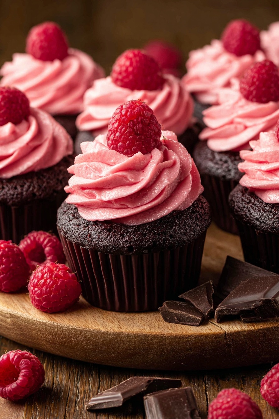Chocolate Raspberry Cupcakes with Ganache and Buttercream Recipe 6 The image shows several dark chocolate cupcakes arranged on a wooden round board. Each cupcake has one thick swirl of bright pink raspberry frosting on top, with a fresh red raspberry sitting on the peak of the frosting. Around the board and cupcakes, there are scattered fresh red raspberries and small pieces of dark chocolate, all placed on a wooden table surface. The texture of the cupcake appears soft and moist, and the frosting looks creamy and smooth. Photo taken with an iphone --ar 2:3 --v 7 - Chocolate Raspberry Cupcakes, chocolate raspberry cupcakes with ganache and buttercream, decadent chocolate raspberry dessert, easy chocolate raspberry cupcake recipe, homemade raspberry cupcakes