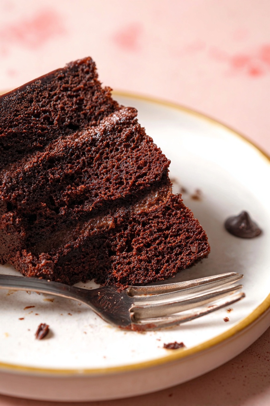 Chocolate Pancakes with Melting Chocolate Chips Recipe 6 A close-up photo shows a chunk of dark brown chocolate cake on a white plate with a thin yellowish rim. The cake is cut into three small layers with a soft, moist texture full of small holes. The bottom layer is darker and slightly shiny. A shiny silver fork holds the cake pieces, resting on the plate. There are few crumbs and a small chocolate chip near the fork on the plate. The plate sits on a light pink surface with some blurry red spots in the background. photo taken with an iphone --ar 2:3 --v 7 - Chocolate Pancakes with Melting Chocolate Chips, decadent chocolate pancakes, fluffy chocolate breakfast, easy chocolate pancake recipe, breakfast with chocolate chips