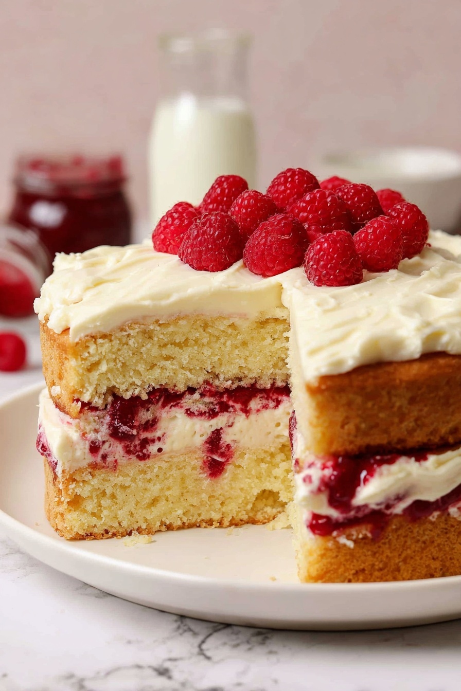 White Chocolate Raspberry Cake Recipe 6 A two-layer pale yellow sponge cake sits on a white plate on a white marbled surface, with a thick layer of creamy white frosting covering the top and sides. Between the sponge layers is a deep red raspberry jam and whole raspberries that are partially embedded in the cake and frosting. The top layer has more creamy white frosting with a cluster of bright red raspberries placed in the center. In the blurred background, there is a small glass bottle of milk and a jar with red jam. photo taken with an iphone --ar 2:3 --v 7 - White Chocolate Raspberry Cake, raspberry white chocolate cake, white chocolate berry dessert, easy raspberry cake recipe, moist white chocolate cake