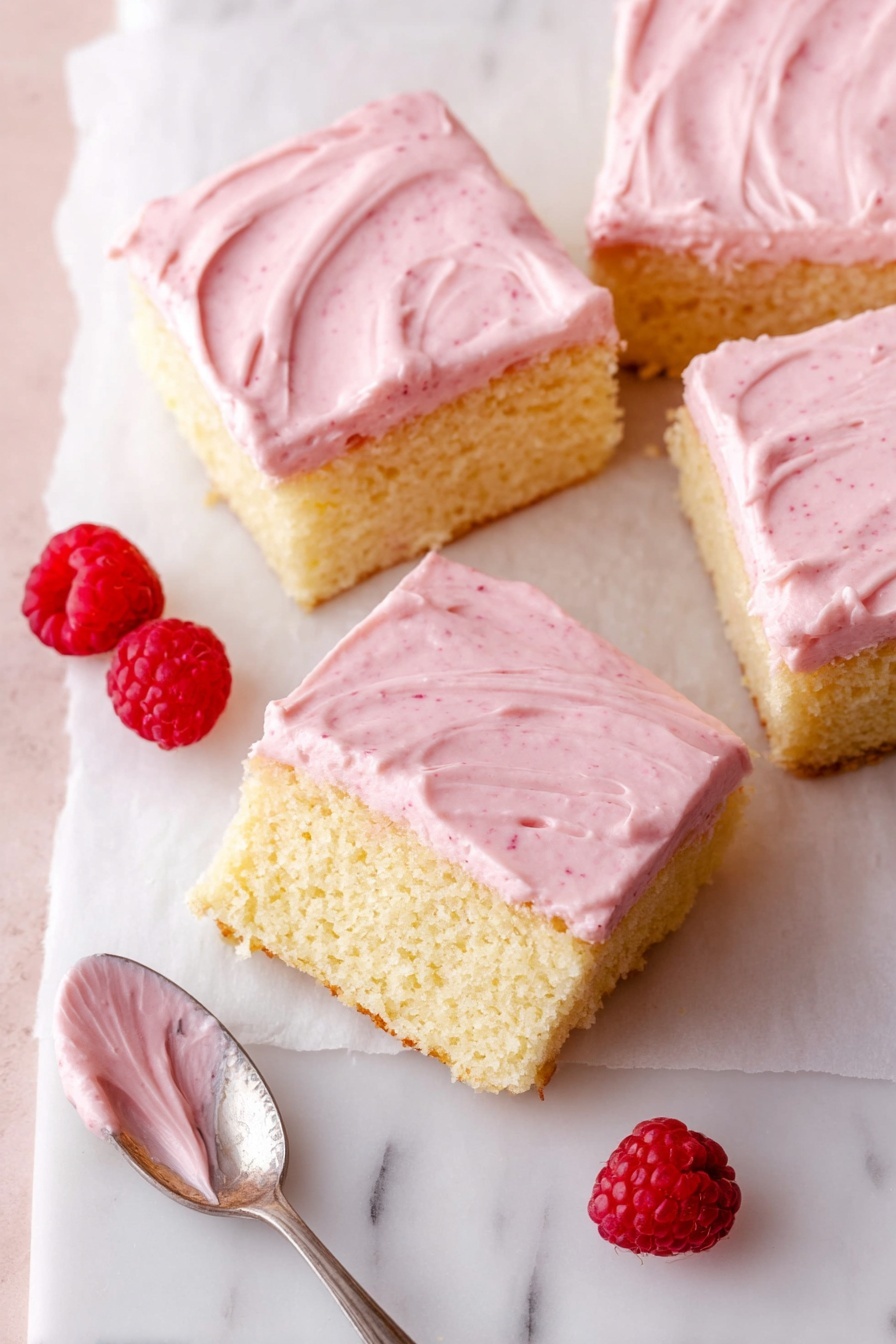 Almond Raspberry Cake with Raspberry Buttercream Recipe 8 The image shows three square pieces of yellow cake with a thick layer of smooth, light pink frosting on top. The frosting looks creamy with small raspberry specks. Two fresh red raspberries are placed near the cakes on a white marbled surface, and a silver spoon with some of the pink frosting on it lies beside the cakes. The top layer is even and spread gently with visible swirls, and the cake layer looks soft and fluffy. The cakes rest on a piece of white parchment paper. Photo taken with an iphone --ar 2:3 --v 7 - Almond Raspberry Cake with Raspberry Buttercream, raspberry almond cake, raspberry buttercream dessert, fresh raspberry cake recipe, moist almond cake
