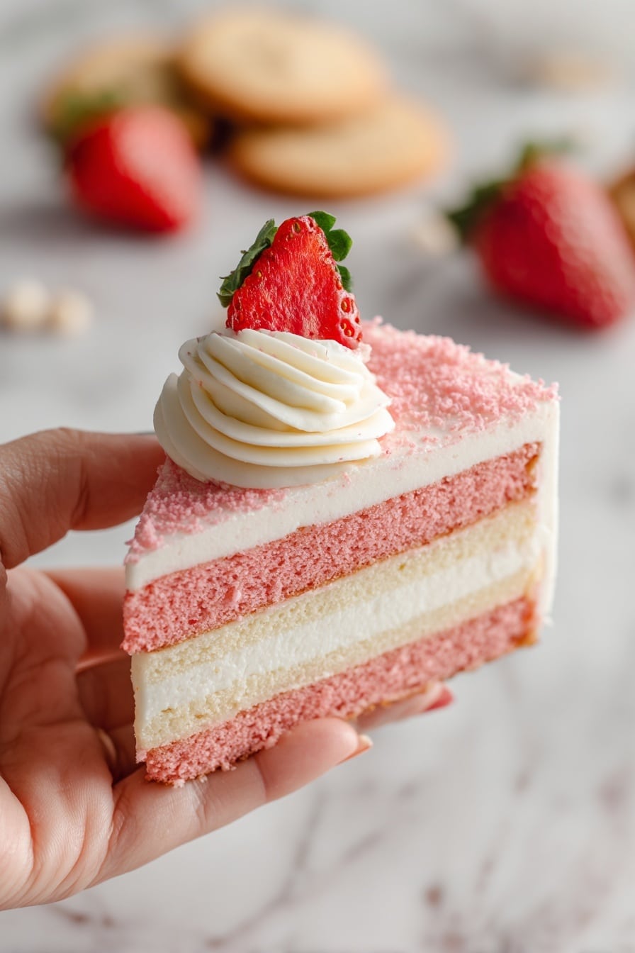 Strawberry Cheesecake with Crunch Topping Recipe 8 The image shows a three-layer cake on a white plate with a white marbled background. The bottom and top layers are red sponge cake with a soft texture, while the middle layer is a thick, smooth cream or custard in light yellow. Between each layer is a thin layer of white frosting. The top of the cake is covered with white frosting and sprinkled with red crumbles, giving it a rough texture. On top of the cake and on the plate, there are three halved fresh red strawberries. The photo taken with an iphone --ar 2:3 --v 7 - Strawberry Cheesecake with Crunch Topping, strawberry cheesecake, cheesecake dessert, fruit-topped cheesecake, easy strawberry dessert