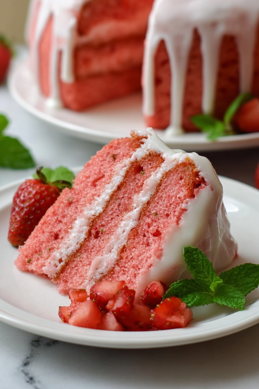 Strawberry Pound Cake with Sweet Glaze Recipe 6 A slice of pink strawberry cake with three layers of soft, spongy cake separated by thin white cream layers sits on a white plate. The top layer is drizzled with white cream. Next to the slice are small pieces of fresh strawberries and green mint leaves. In the background, the rest of the cake shows the same pink color with white cream drizzles on top. The plate is on a white marbled surface. photo taken with an iphone --ar 2:3 --v 7 - Strawberry Pound Cake with Sweet Glaze, strawberry pound cake recipe, easy strawberry pound cake, moist strawberry cake with glaze, summer fruit dessert