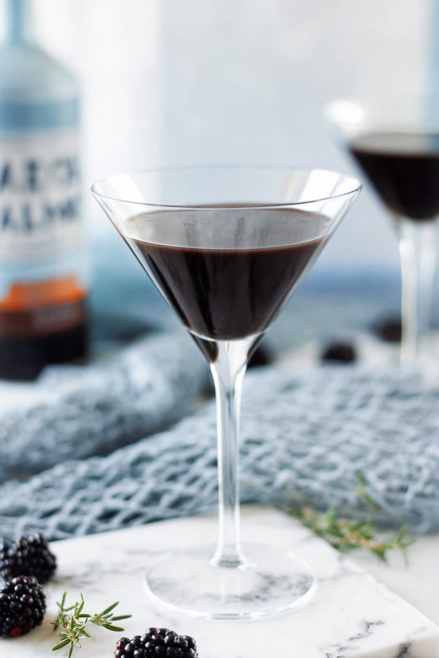 Blackberry Thyme Martini with Dry Ice Recipe 8 A clear martini glass filled with a smooth, dark black liquid sits on a white marbled surface. The liquid has a shiny texture and fills the glass just below the rim. In the background, there is another martini glass with the same black liquid, a bottle with a blurred label, a blue-gray cloth with a net-like pattern, and some blackberries and small green herb sprigs scattered gently around. The scene looks clean and bright with soft natural lighting. photo taken with an iphone --ar 2:3 --v 7 - Blackberry Thyme Martini, Blackberry Thyme Cocktail, Dry Ice Martini, Elegant Fruit Cocktails, Impressive Party Drinks