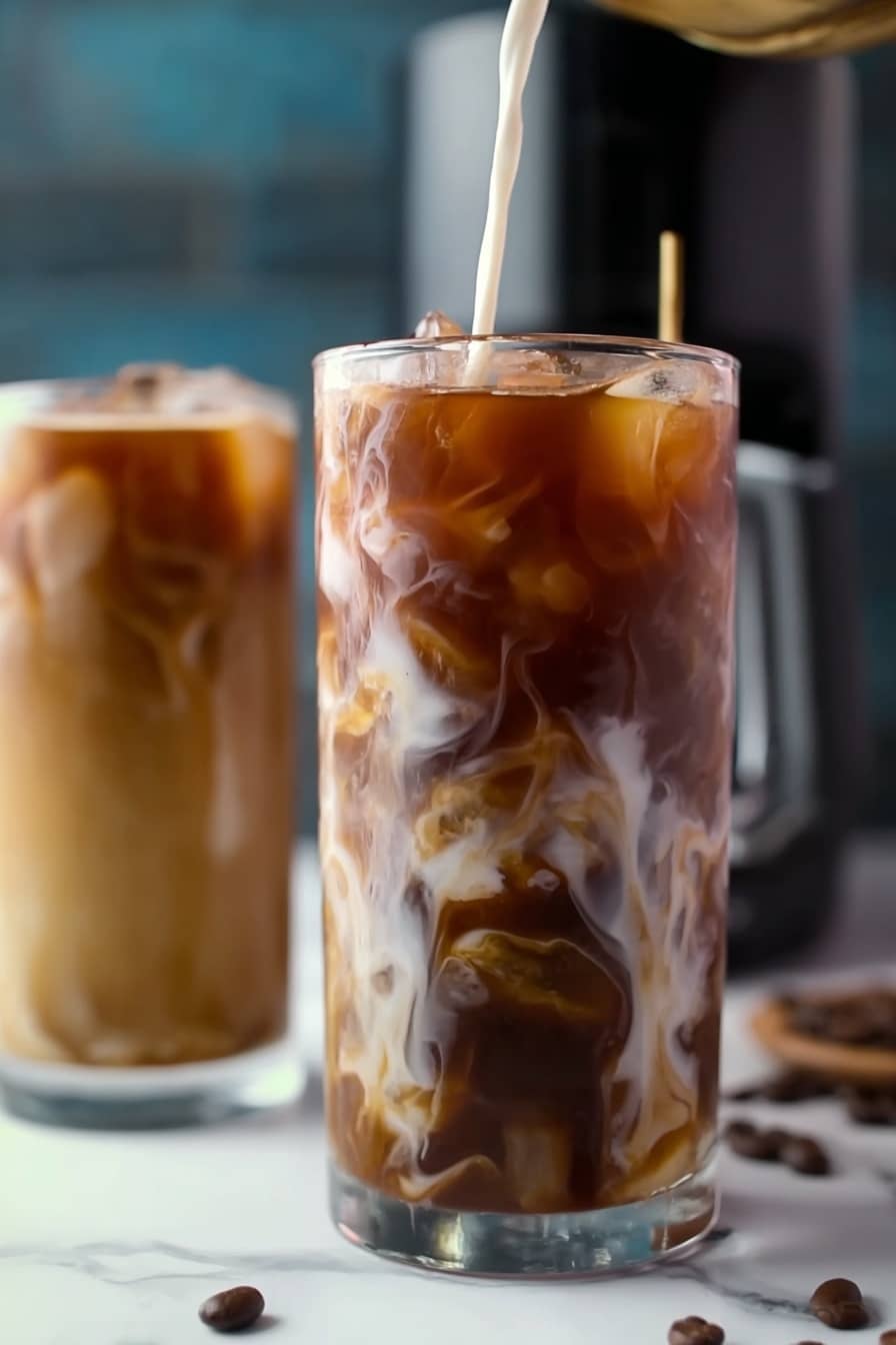 Homemade Vanilla Cold Brew Recipe 8 A tall clear glass filled with three main layers: the bottom layer is dark brown cold coffee, the middle layer shows creamy white swirls mixing into the coffee, and the top layer holds small, clear ice cubes. A shiny, gold metal straw is placed inside the glass on the left side. The glass sits on a white marbled surface with a blurred coffee maker and some whole coffee beans in the background, giving a cozy and fresh coffee feel. photo taken with an iphone --ar 2:3 --v 7 - Homemade Vanilla Cold Brew , vanilla cold brew recipe, iced coffee with vanilla, how to make cold brew, vanilla cream cold brew