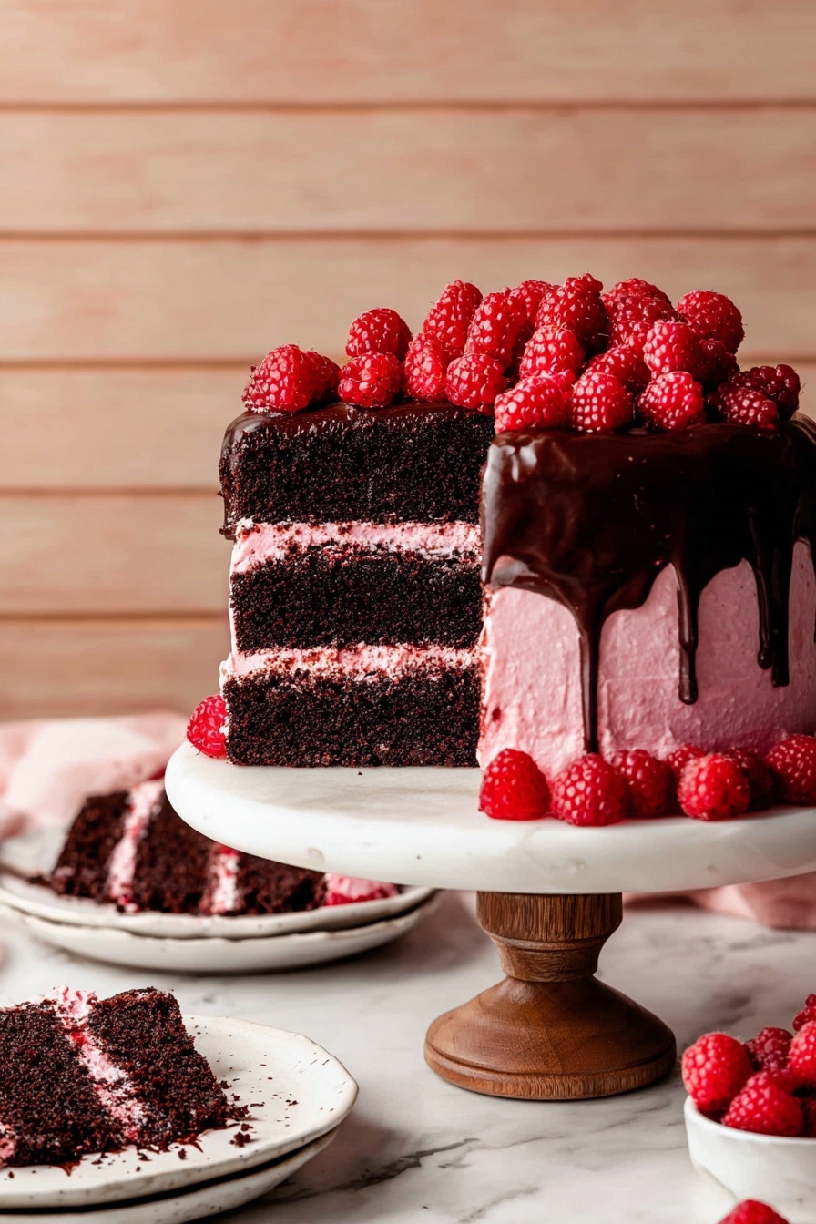 Chocolate Raspberry Cake Recipe 8 The image shows a layered cake with three visible layers: the bottom layer is a dark brown chocolate base, the middle layer is a thick pink cream with small red specks throughout, and the top layer is a glossy dark chocolate ganache that drips unevenly down the sides. On top of the cake, there is a pile of fresh bright red raspberries that add a pop of color. The cake is placed on a white round cake stand with a wooden base, set against a white marbled surface and a rustic wooden background. Photo taken with an iphone --ar 2:3 --v 7 - Chocolate Raspberry Cake, decadent chocolate raspberry cake, easy chocolate raspberry dessert, how to make chocolate raspberry cake, raspberry chocolate layer cake