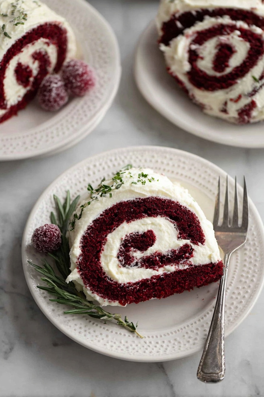 Red Velvet Cake Roll with Ermine Frosting Recipe 6 The image shows several slices of a red velvet roll cake on white plates with a light embossed pattern. Each slice has two main spiral layers: a deep red velvet cake layer rolled with a thick, smooth, white cream cheese frosting layer. The cake looks moist and soft, contrasting with the creamy filling. There are small green rosemary sprigs and sugar-coated red berries placed beside the slices for decoration. A silver fork rests next to one slice, set on a white marbled surface. Photo taken with an iphone --ar 2:3 --v 7 - Red Velvet Cake Roll with Ermine Frosting, classic red velvet cake roll, homemade ermine frosting, vintage cake roll recipe, festive dessert ideas