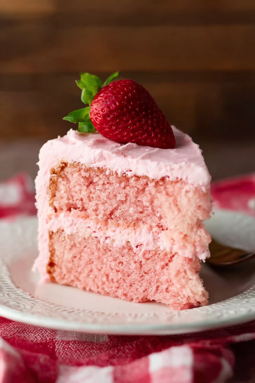 Strawberry Cake with Cream Cheese Frosting Recipe 6 A single slice of pink cake with two layers sits on a white plate with a delicate pattern around the edge. The cake layers are fluffy and light pink, separated and covered with smooth pink frosting. On top of the slice is a whole fresh strawberry with green leaves. The plate rests on a red and white checkered cloth, and the background shows a blurred wooden texture, creating a warm feel. Photo taken with an iphone --ar 2:3 --v 7 - Strawberry Cake with Cream Cheese Frosting, strawberry cake recipe, Valentine's Day strawberry cake, moist strawberry cake, easy strawberry cake dessert