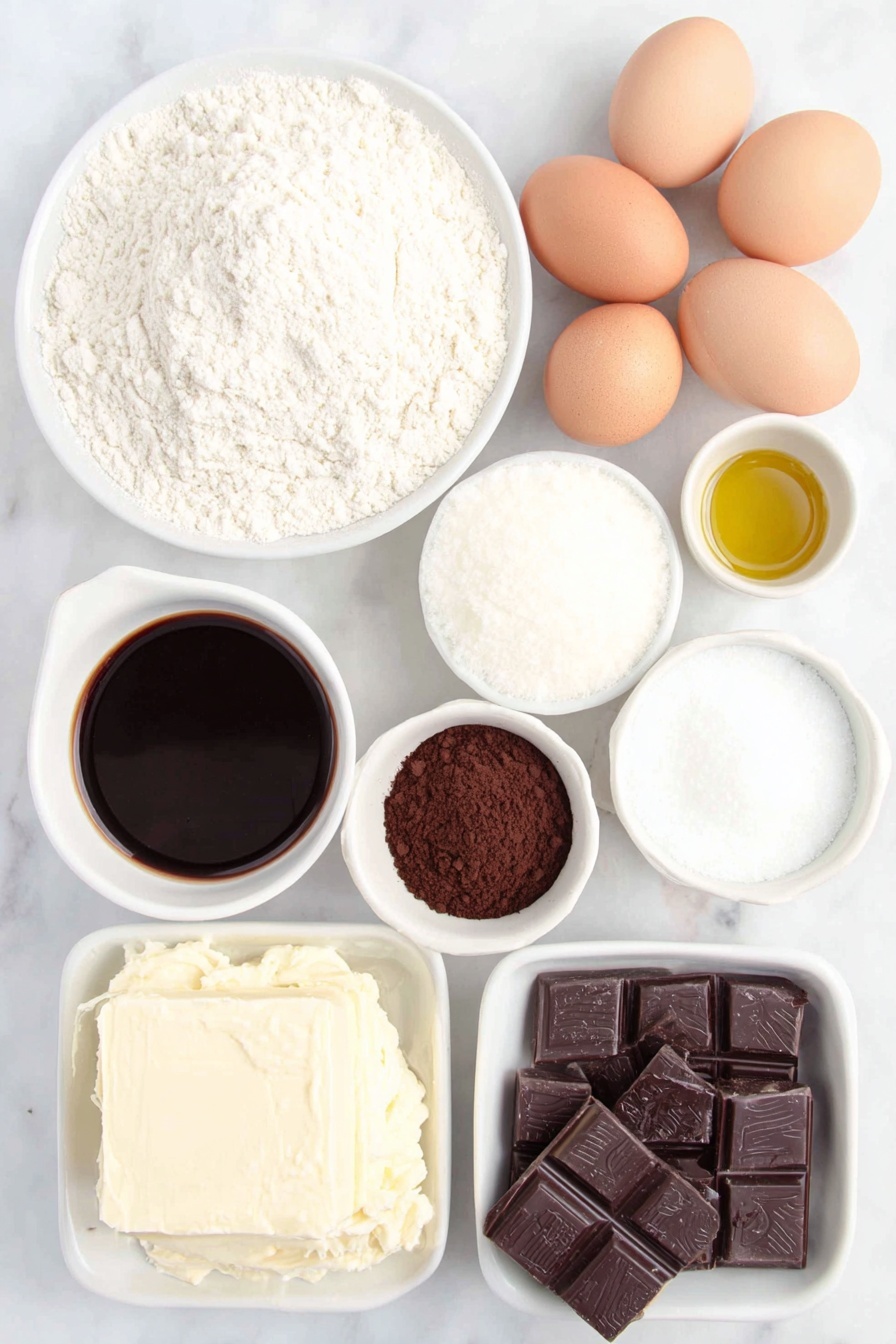 Decadent Chocolate Cake with Fudge Frosting Recipe 7 Flat lay of a small mound of fine white flour, a small white bowl filled with white granulated sugar, a small white bowl with dark brown cocoa powder, a small white bowl of golden vegetable oil, a small white bowl containing smooth pale buttermilk, a small white bowl with dark rich brewed coffee, three whole uncracked brown eggs, a small white bowl holding fine white powdered sugar, a small white bowl with thick heavy cream, a small white bowl with several squares of dark chocolate, a small white bowl of pale yellow unsalted butter, and a small white bowl with fine kosher salt placed neatly in perfect symmetry on a clean white marble surface, soft natural light, photo taken with an iPhone, professional food photography style, fresh ingredients, white ceramic bowls, no bottles, no duplicates, no utensils, no packaging --ar 2:3 --v 7 --p m7354615311229779997 - Decadent Chocolate Cake with Fudge Frosting, chocolate cake recipe, moist chocolate cake, fudge frosting recipe, rich chocolate dessert