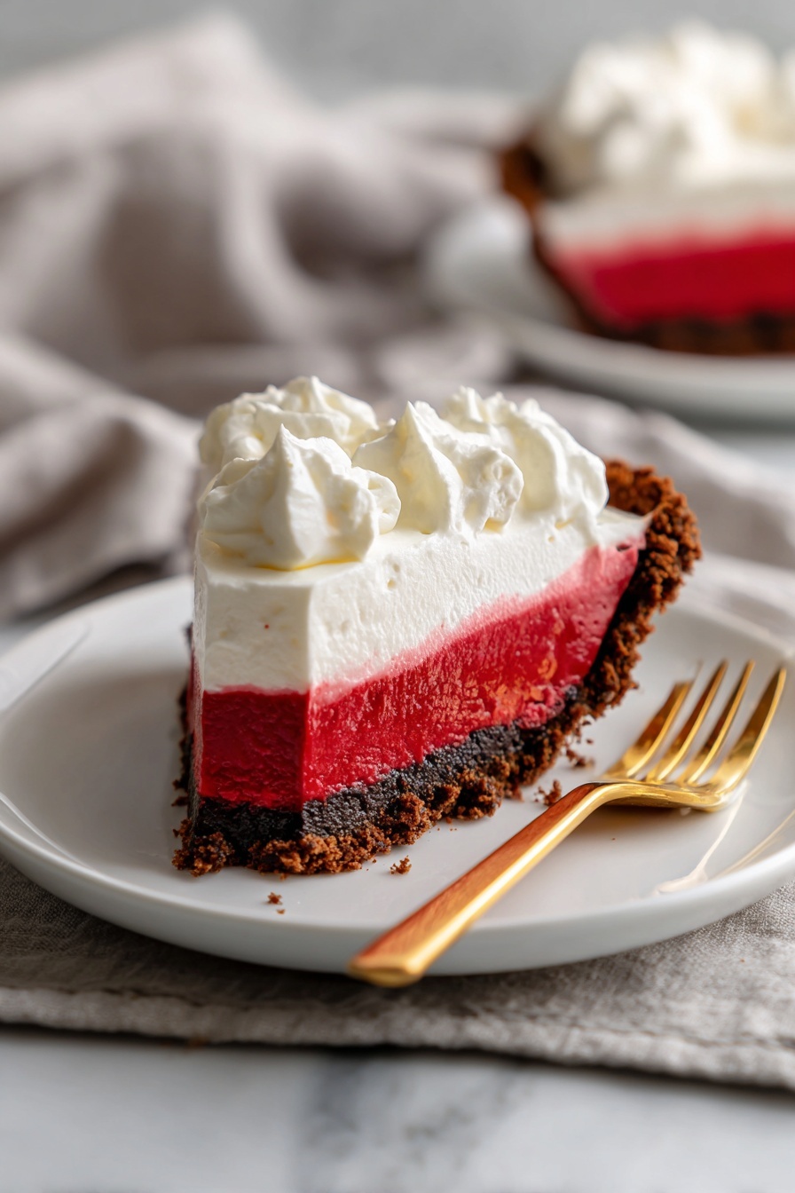 No-Bake Red Velvet Cheesecake Recipe 6 A slice of pie is shown on a white plate. The pie has three layers: a bottom layer of dark brown crumbly crust, a middle thick layer of smooth red filling, and a top layer of fluffy white whipped cream with soft peaks. A gold fork lies next to the slice on the plate. The setting has a soft gray cloth and a white marbled surface. Photo taken with an iphone --ar 2:3 --v 7 - No-Bake Red Velvet Cheesecake, Red Velvet Cheesecake, No-Bake Cheesecake Recipes, Easy Cheesecake Desserts, Cream Cheese Cheesecake
