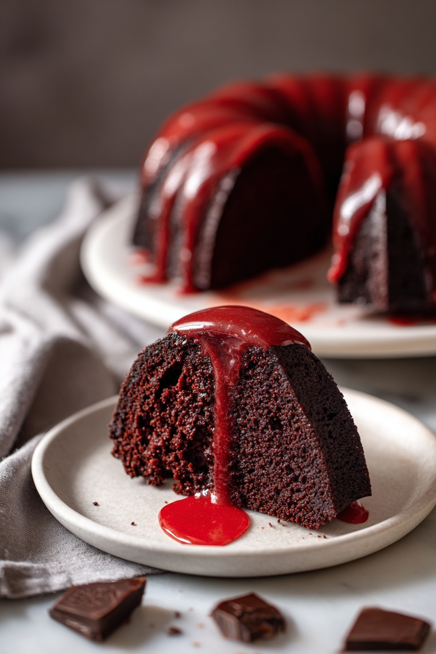 Black Cocoa Chocolate Cake with White Ganache Recipe 8 A close-up view of a dark black bundt cake with a rough texture, covered in shiny, bright red glaze dripping down its peaks and valleys. The cake has deep ridges and a moist appearance, with the red glaze pooling slightly in the creases, giving a glossy and smooth contrast to the rough cake surface. The background is dark, highlighting the intense colors of the cake and glaze. photo taken with an iphone --ar 2:3 --v 7 - Black Cocoa Chocolate Cake with White Ganache, decadent chocolate cake recipe, black cocoa cake, white ganache dessert, rich chocolate cake tutorial