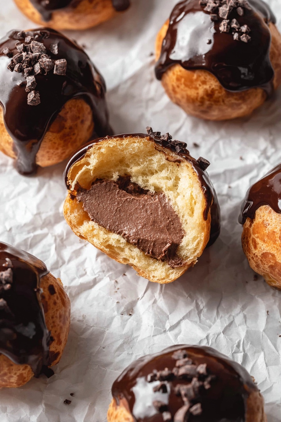 Chocolate Cream Puff Recipe 6 A white plate holds six round pastries, three whole and three cut in half. Each pastry has a golden brown outer layer with a shiny dark chocolate glaze on top, sprinkled with small dark chocolate bits. Inside, the pastries reveal a rich, smooth dark chocolate filling that fills the hollow center. The plate rests on parchment paper over a wooden board, all placed on a white marbled surface. Photo taken with an iphone --ar 2:3 --v 7 - Chocolate Cream Puff, Chocolate Cream Puff Recipe, How to Make Chocolate Cream Puffs, Easy Chocolate Cream Puffs, Chocolate Pastry Cream and Puffs