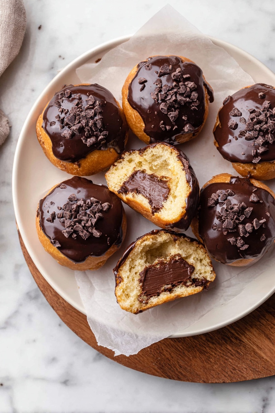 Chocolate Cream Puff Recipe 8 The image shows several round cream puffs with a shiny dark chocolate topping that covers the top half and drips slightly down the sides. One cream puff is cut in half and placed in the center, revealing two layers inside: a light golden brown pastry shell and a thick, smooth, dark chocolate cream filling. Small chocolate bits are sprinkled on top of the chocolate glaze. The pastries rest on crumpled white paper on a white marbled surface. Photo taken with an iphone --ar 2:3 --v 7 - Chocolate Cream Puff, Chocolate Cream Puff Recipe, How to Make Chocolate Cream Puffs, Easy Chocolate Cream Puffs, Chocolate Pastry Cream and Puffs