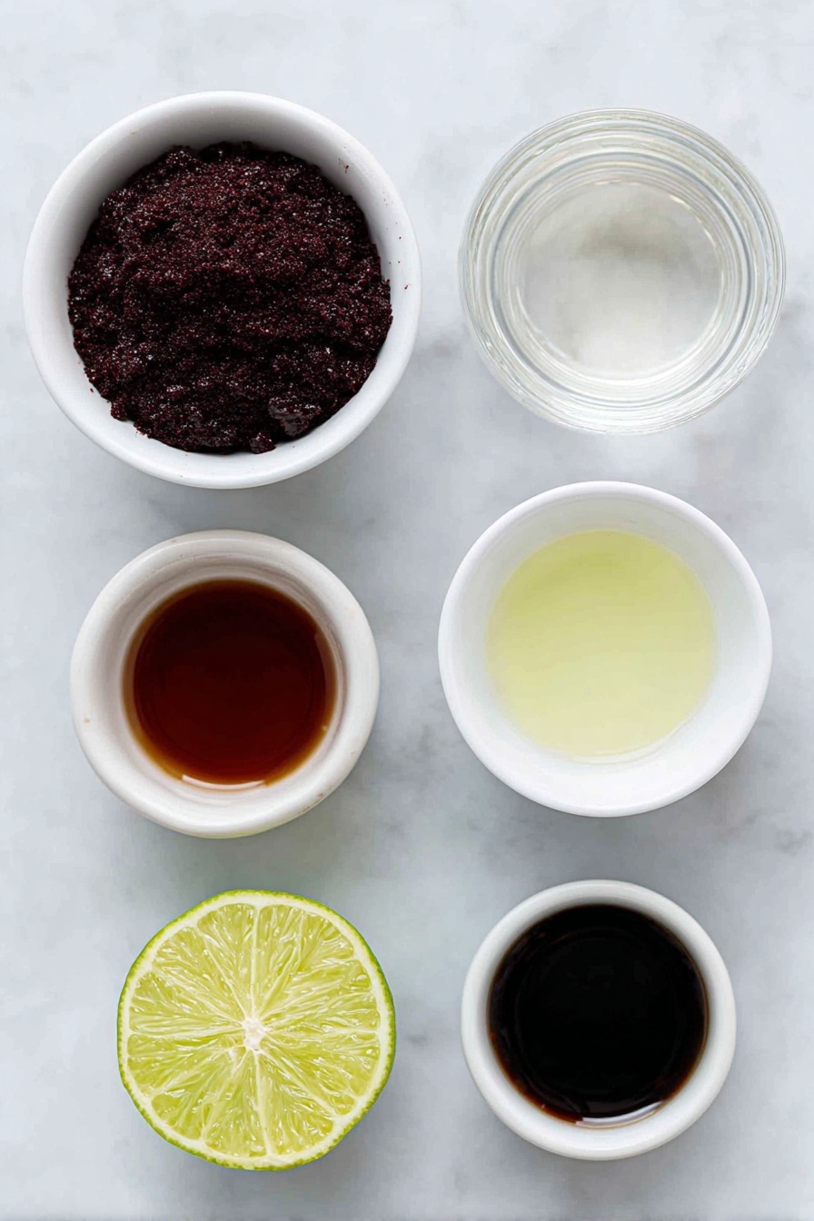 Purple Hooter Jello Shots Recipe 7 Flat lay of a small white ceramic bowl of deep purple grape gelatin powder, a small white ceramic bowl of boiling water with steam rising, a small white ceramic bowl filled with clear vodka, a small white ceramic bowl containing dark red raspberry liqueur, a small white ceramic bowl with fresh lime juice showing a pale green liquid, and a fresh whole lime sliced in half with bright green flesh, placed on a clean white marble surface, soft natural light, photo taken with an iPhone, professional food photography style, fresh ingredients, white ceramic bowls, no bottles, no duplicates, no utensils, no packaging --ar 2:3 --v 7 --p m7354615311229779997 - Purple Hooter Jello Shots, Purple Hooter Jello Shots recipe, fruity party shots, easy alcohol jello shots, colorful boozy shot ideas