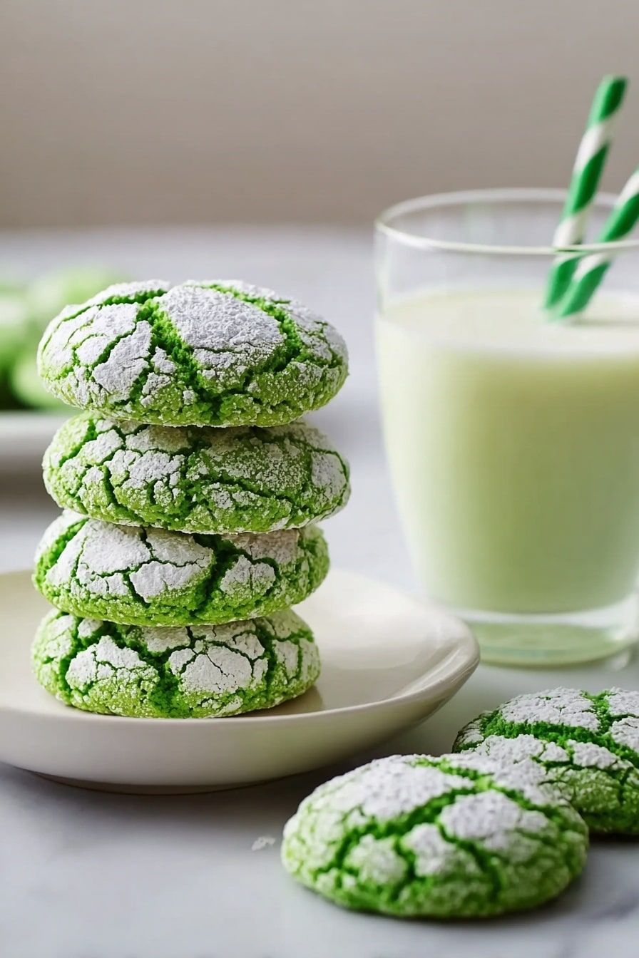 St. Patrick’s Day Green Sugar Cookies Recipe 6 A white plate holds a stack of four round green cookies with cracked surfaces, each cookie covered lightly with white powdered sugar in the crevices, giving them a textured, frosted look. Two more similar cookies lie flat next to the stack on the white marbled surface. To the right of the plate is a tall glass of milk, filled to the top with a green and white striped straw. The soft light highlights the bright green color of the cookies and the smoothness of the milk. Photo taken with an iphone --ar 2:3 --v 7 - St. Patrick’s Day Green Sugar Cookies, green holiday cookies, easy festive cookie recipe, green icing sugar cookies, Irish-themed treats
