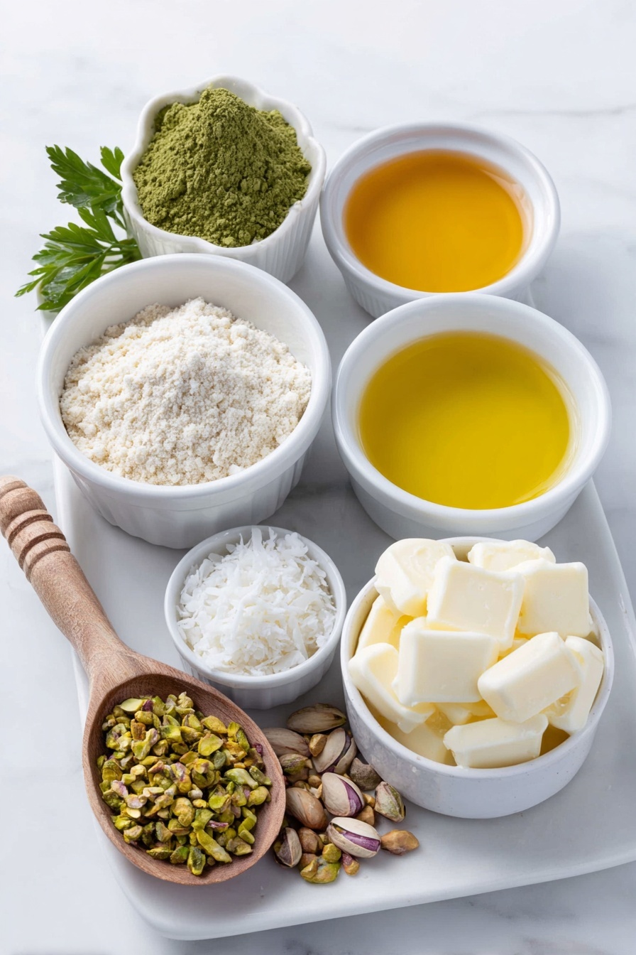 Healthy Matcha Truffles for St Patrick’s Day Recipe 7 Flat lay of a small mound of pale almond flour, a wooden spoon-shaped heap of vibrant green matcha powder, a small white ceramic bowl filled with golden maple syrup, a white ceramic bowl containing clear, melted coconut oil, a small white bowl with translucent vanilla extract, a tiny pinch of coarse salt in a white ceramic dish, a small white bowl of smooth white chocolate chips, a few bright green sprigs of fresh parsley standing in for green sprinkles, a small pile of crushed pistachio nuts with rich green and beige tones, a small pile of shredded white coconut flakes, and a scattering of tiny shiny gold sugar pearls, all arranged in perfect symmetry on a simple white ceramic plate and bowls, placed on a clean white marble surface, soft natural light, photo taken with an iPhone, professional food photography style, fresh ingredients, white ceramic bowls, no bottles, no duplicates, no utensils, no packaging --ar 2:3 --v 7 --p m7354615311229779997 - Healthy Matcha Truffles, Matcha Truffles for St Patrick’s Day, guilt-free green chocolates, festive healthy treats, vegan matcha dessert