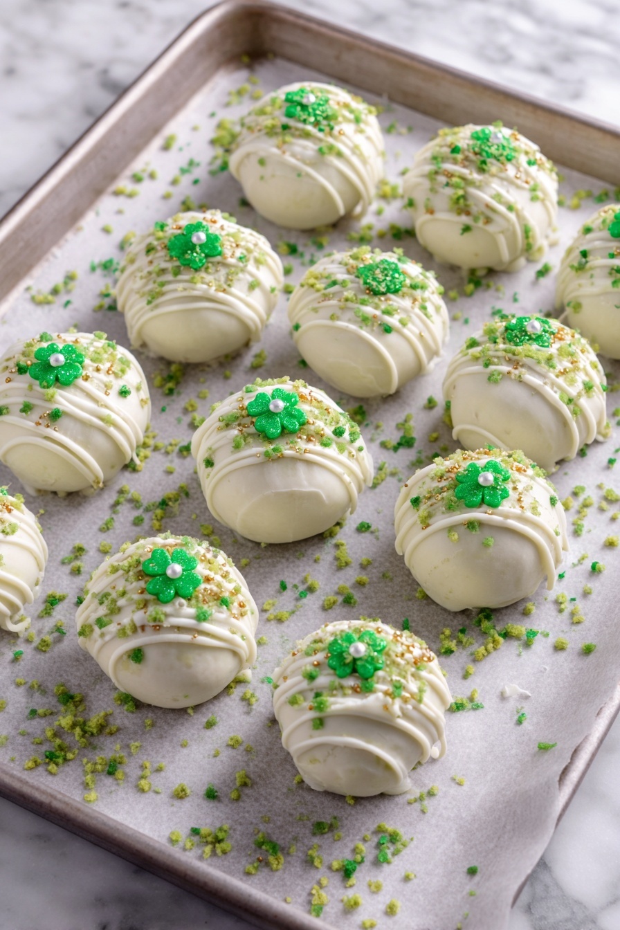 Healthy Matcha Truffles for St Patrick’s Day Recipe 6 There are twelve round white balls covered in smooth white coating arranged in a roughly 3 by 4 grid on a baking tray lined with parchment paper. Each ball has thin white lines drizzled over them and is topped with small green, white, and light gold sprinkles, with some balls decorated with larger shiny green shamrock-shaped sprinkles in the center. Additional green, white, and gold sprinkles are scattered around the balls on the parchment. The baking tray sits on a white marbled surface. Photo taken with an iphone --ar 2:3 --v 7 - Healthy Matcha Truffles, Matcha Truffles for St Patrick’s Day, guilt-free green chocolates, festive healthy treats, vegan matcha dessert