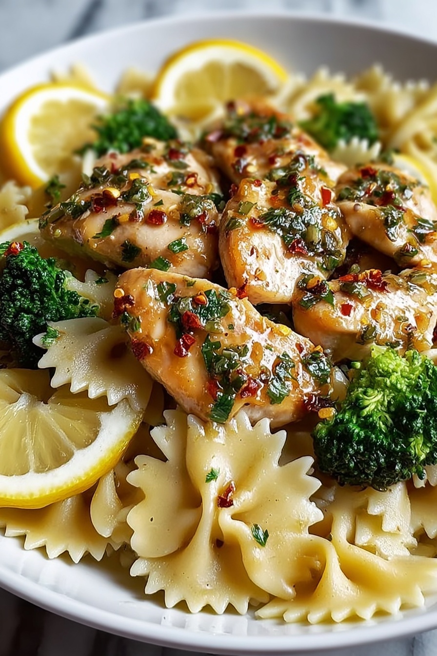 Lemon Chicken Pasta with Cowboy Butter Recipe 8 A white plate holds three layers: the bottom layer shows light tan farfalle pasta with a smooth texture, scattered with bright green broccoli florets. The middle layer has thin lemon slices adding a pop of yellow around the edges. On top, there are several pieces of cooked chicken with a golden brown color, slightly shiny with a light sauce, sprinkled with small bits of red chili flakes and chopped green herbs. The dish looks warm and fresh on a white marbled surface. photo taken with an iphone --ar 2:3 --v 7 - Lemon Chicken Pasta Cowboy Butter, Lemon Chicken Pasta with Cowboy Butter, Lemon Chicken Pasta recipe, easy lemon chicken pasta, creamy cowboy butter pasta
