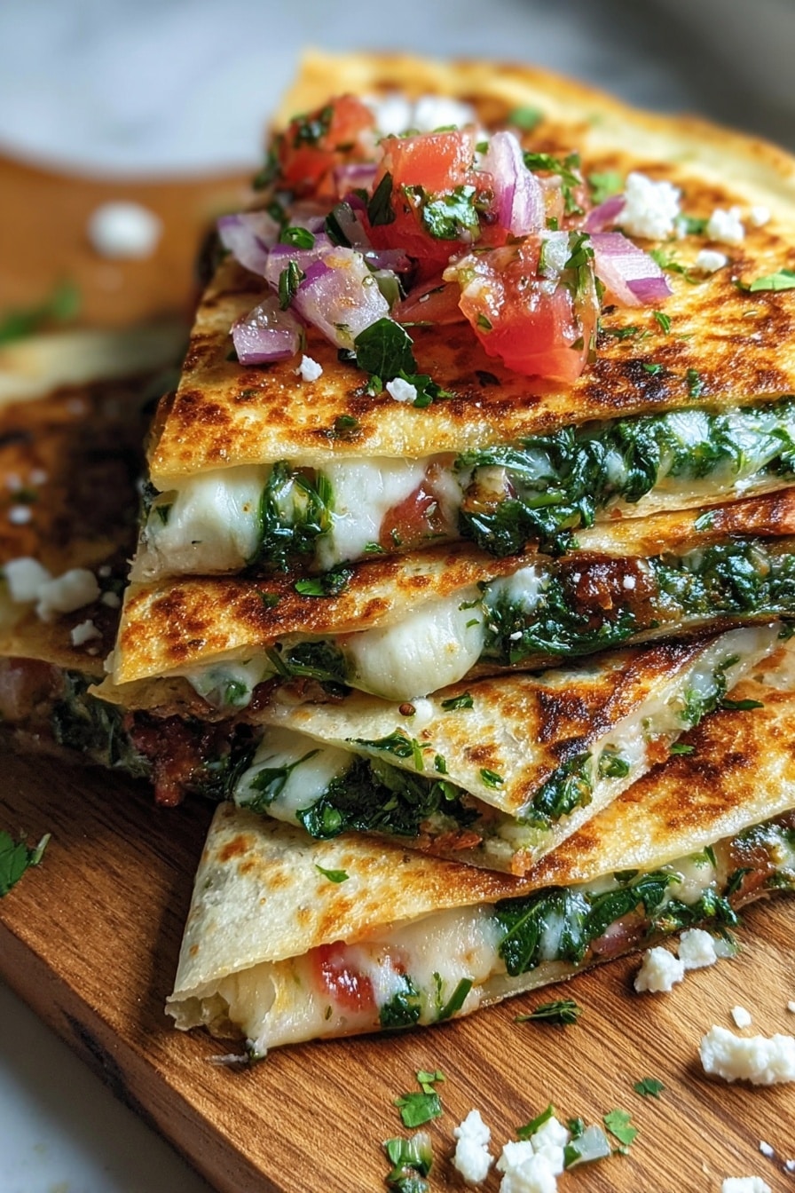 Mediterranean Spinach Feta Quesadillas Recipe 6 A stack of golden-brown quesadilla slices sits on a wooden board, each slice having two crispy tortilla layers with melted white cheese and green spinach in between. The top slice shows a colorful filling of red diced tomatoes and chopped green herbs, with bits of purple onion scattered on and around it. Small white crumb pieces, likely cheese, are sprinkled over the quesadillas, giving a fresh, textured look. The scene is close-up with a slight shine on the crispy tortillas, all placed on a white marbled surface. photo taken with an iphone --ar 2:3 --v 7 - Mediterranean Spinach Feta Quesadillas, easy quesadillas with spinach and feta, quick Mediterranean dinner ideas, healthy vegetarian quesadillas, flavorful quesadilla recipes